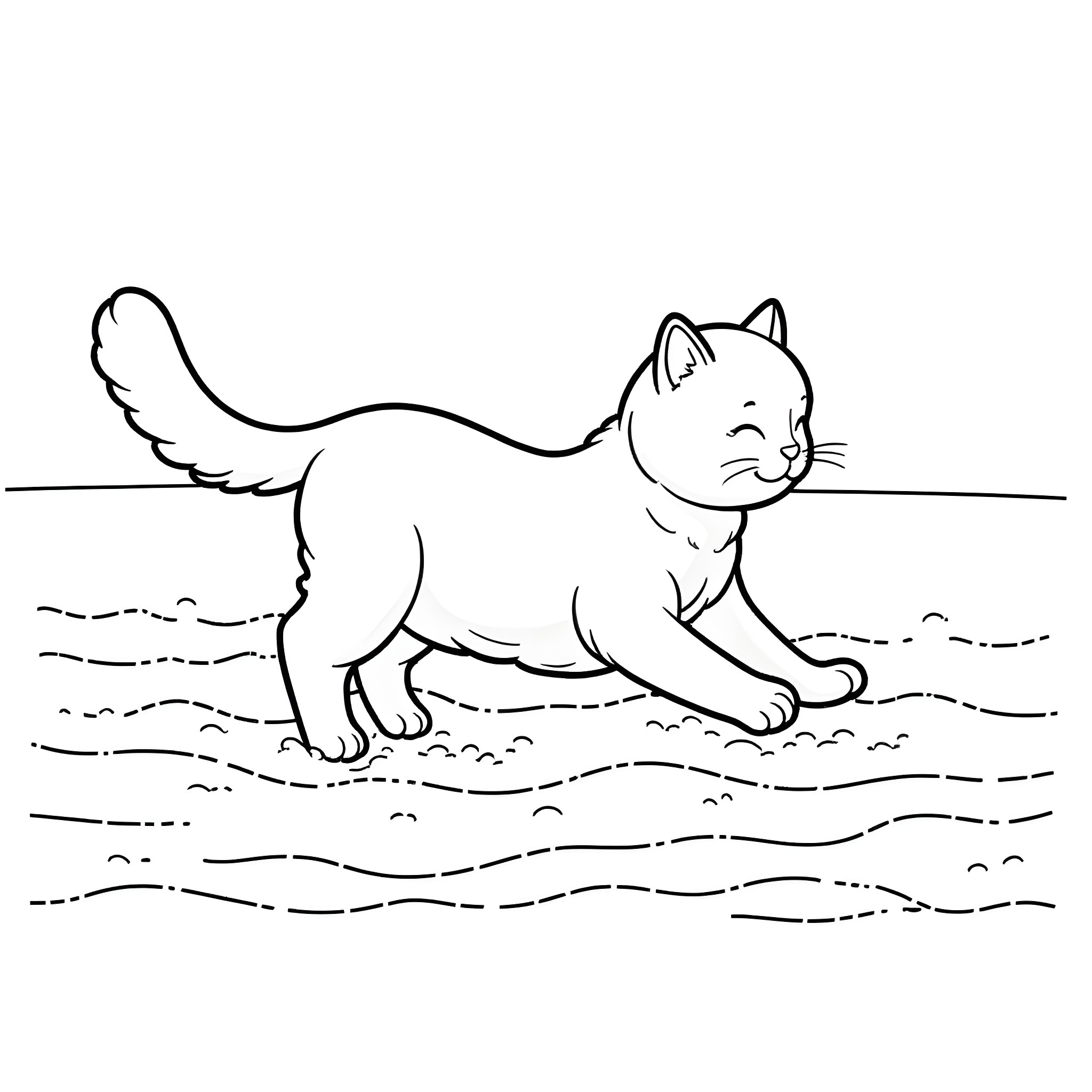 Cat exploring the shoreline Coloring Page (free black-and-white line drawing printable PDF for all, from beginners to advanced learners, including children, teens, adults, and seniors)