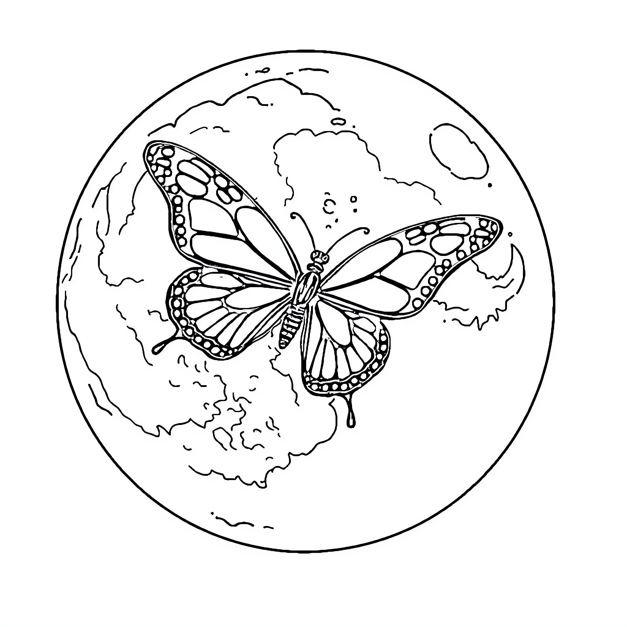 Butterfly soaring gracefully over the Earth Coloring Page (free black-and-white line drawing printable PDF for all, from beginners to advanced learners, including children, teens, adults, and seniors)
