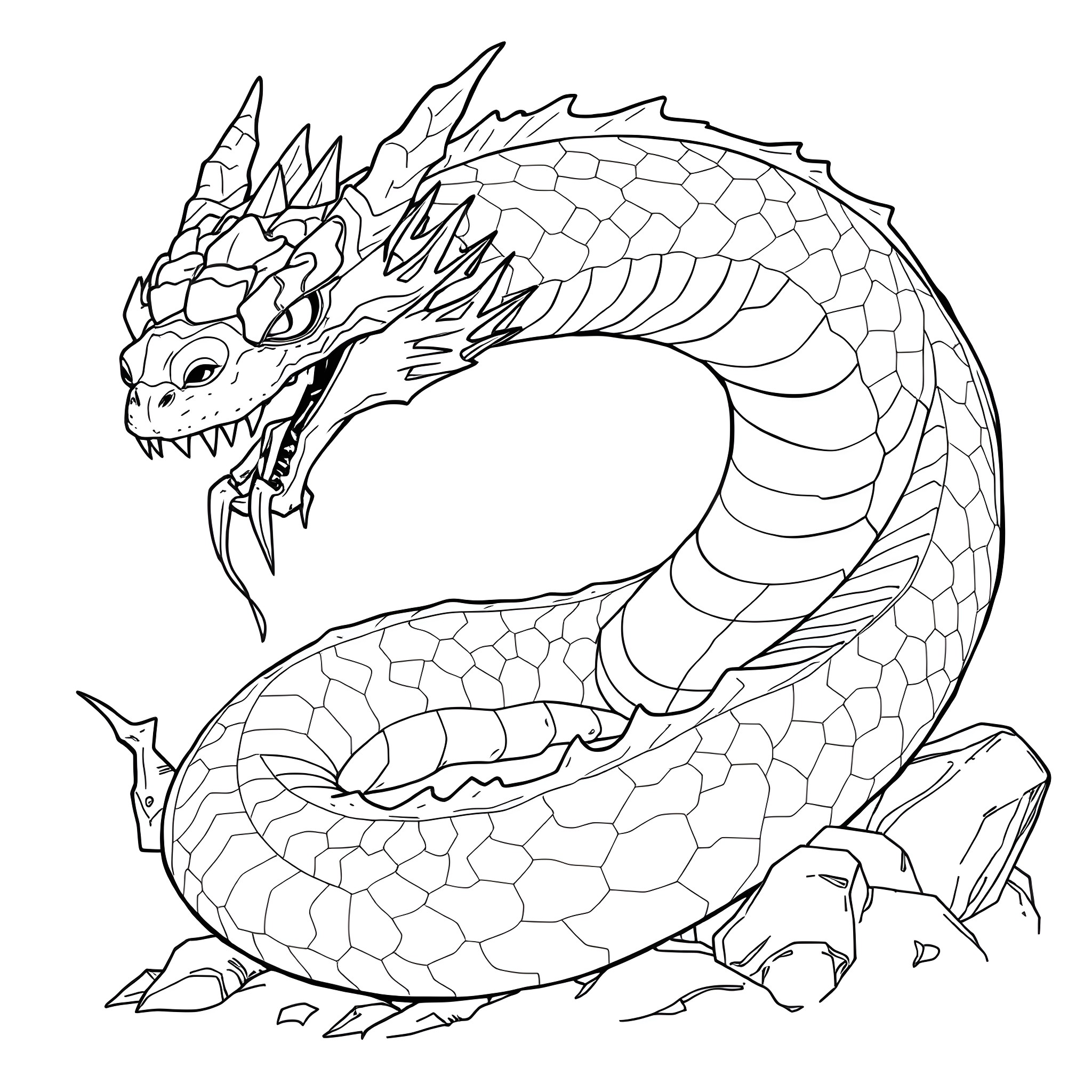 Snake Dragon Ferociously Coiled and Ready to Attack Coloring Page (free black-and-white line drawing printable PDF for all, from beginners to advanced learners, including children, teens, adults, and seniors)
