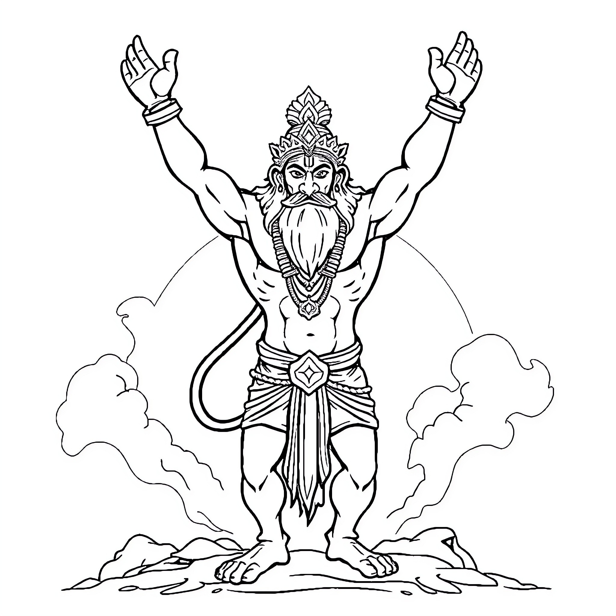 Hanuman depicted in powerful heroic pose Coloring Page (free black-and-white line drawing printable PDF for all, from beginners to advanced learners, including children, teens, adults, and seniors)