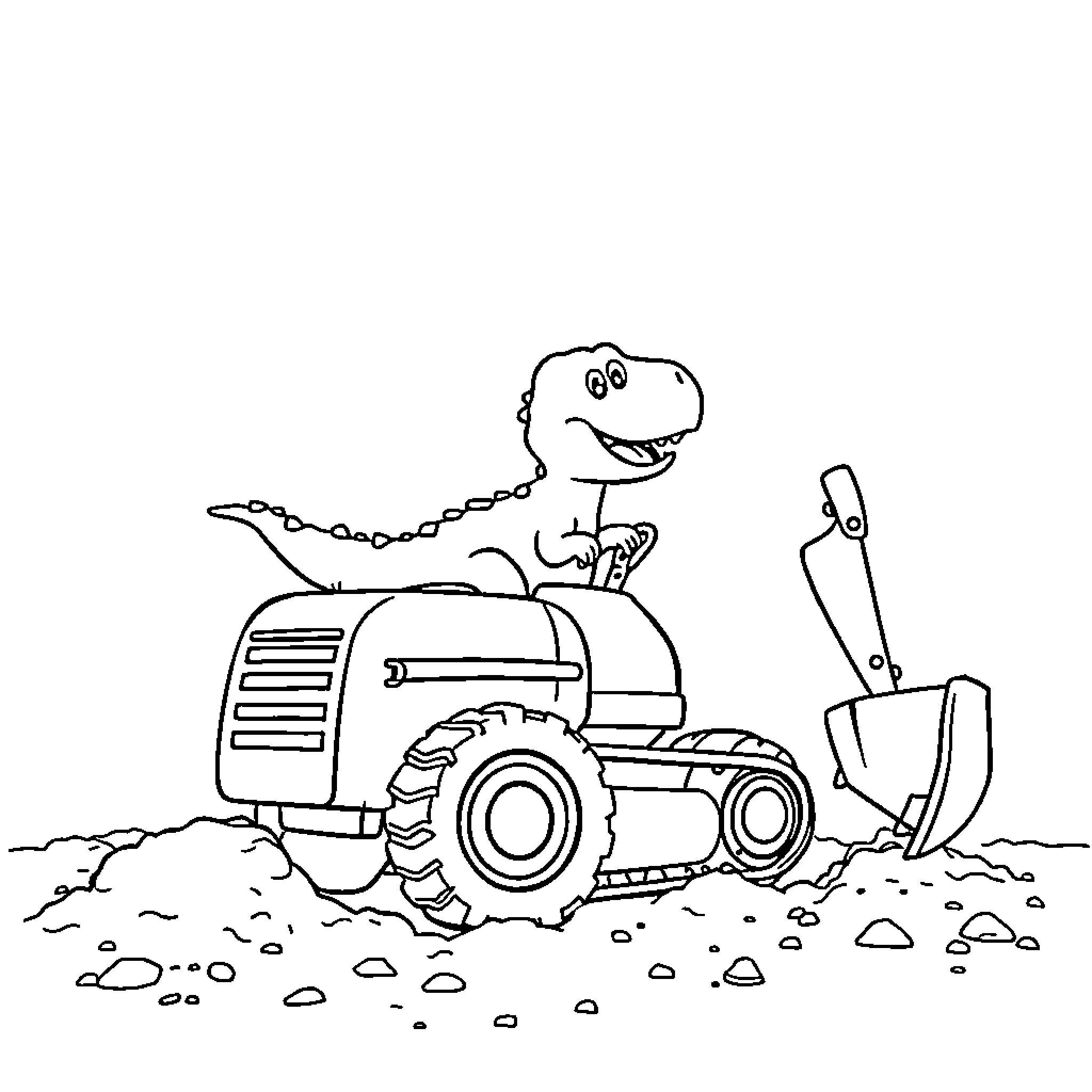Dinosaur driving a tractor on the farm Coloring Page (free black-and-white line drawing printable PDF for all, from beginners to advanced learners, including children, teens, adults, and seniors)