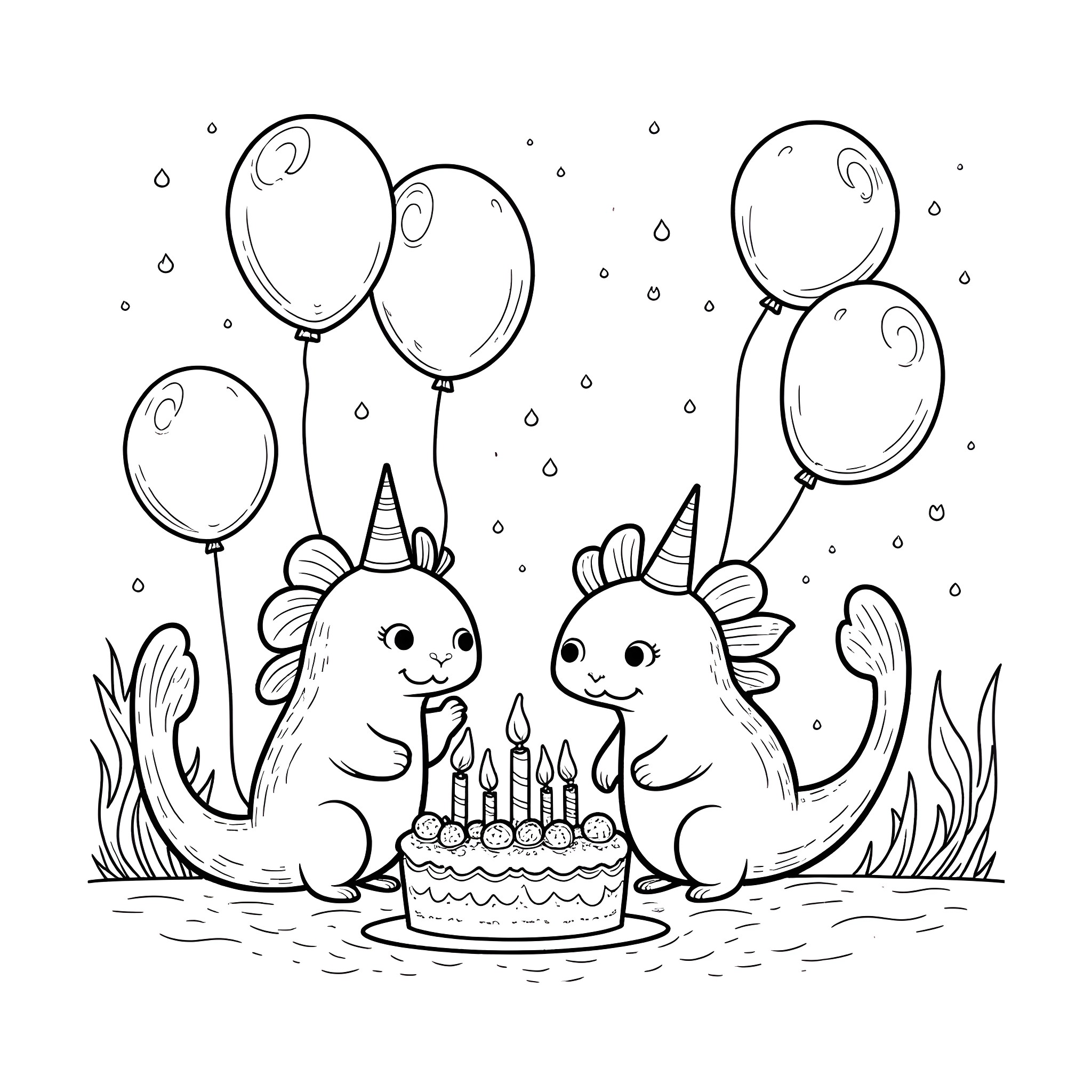 Axolotls Celebrating Birthday with Balloons Coloring Page (free black-and-white line drawing printable PDF for all, from beginners to advanced learners, including children, teens, adults, and seniors)