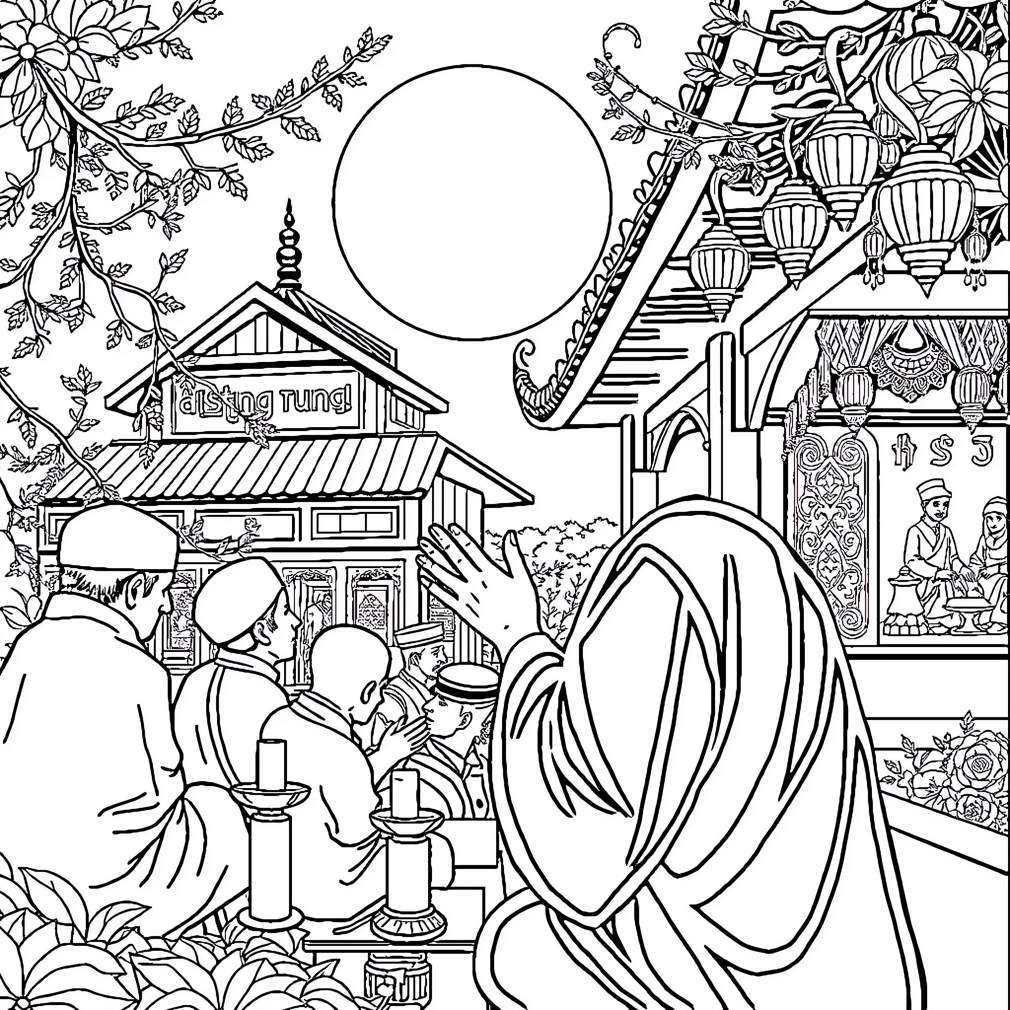 Tung's Journey through the Vibrant Asian Marketplace Coloring Page (free black-and-white line drawing printable PDF for all, from beginners to advanced learners, including children, teens, adults, and seniors)
