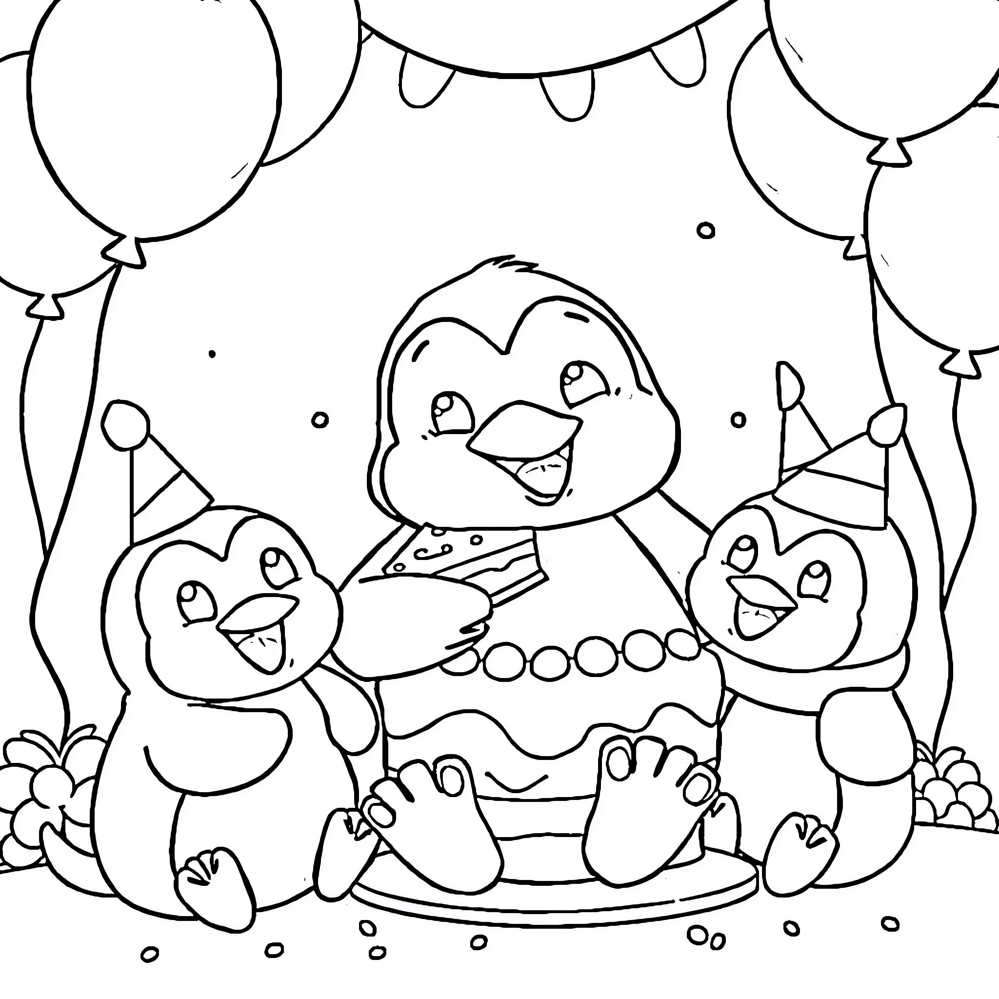 Penguins celebrating with balloons and cake Coloring Page (free black-and-white line drawing printable PDF for all, from beginners to advanced learners, including children, teens, adults, and seniors)