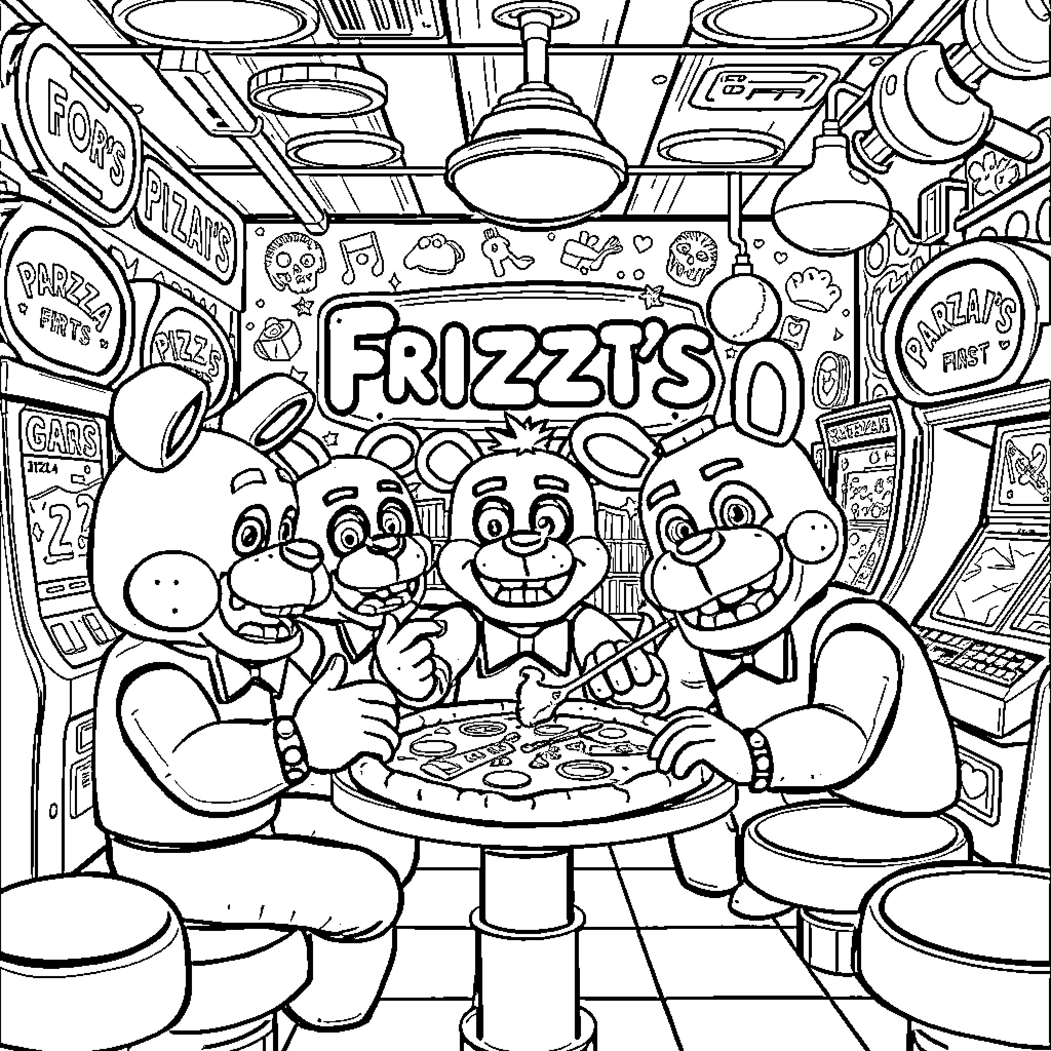 Freddy's Pizzeria: A Lively Gathering of Cartoon Characters Coloring Page (free black-and-white line drawing printable PDF for all, from beginners to advanced learners, including children, teens, adults, and seniors)