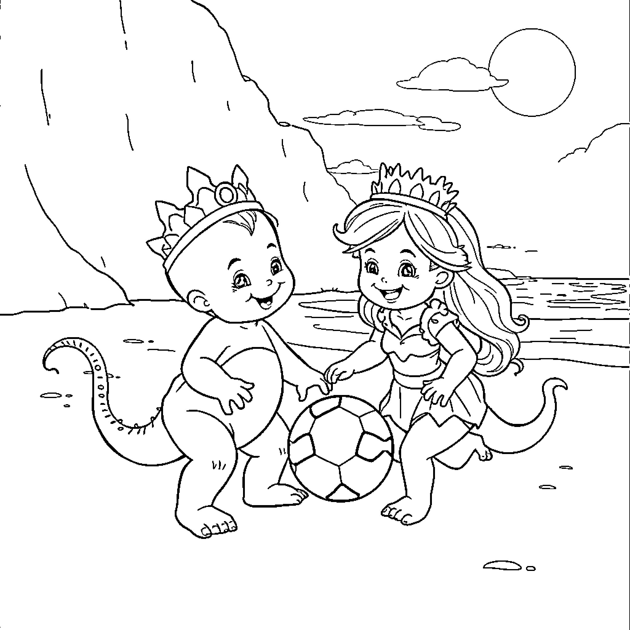 Mermaid and Dinosaur Playing Together on the Beach Coloring Page (free black-and-white line drawing printable PDF for all, from beginners to advanced learners, including children, teens, adults, and seniors)