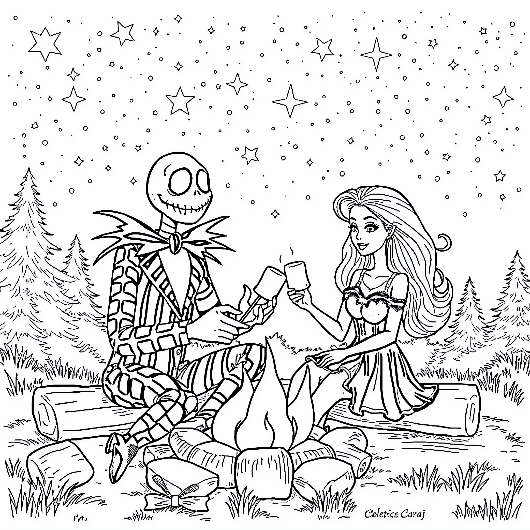 Beetlejuice and woman in starry night scene Coloring Page (free black-and-white line drawing printable PDF for all, from beginners to advanced learners, including children, teens, adults, and seniors)
