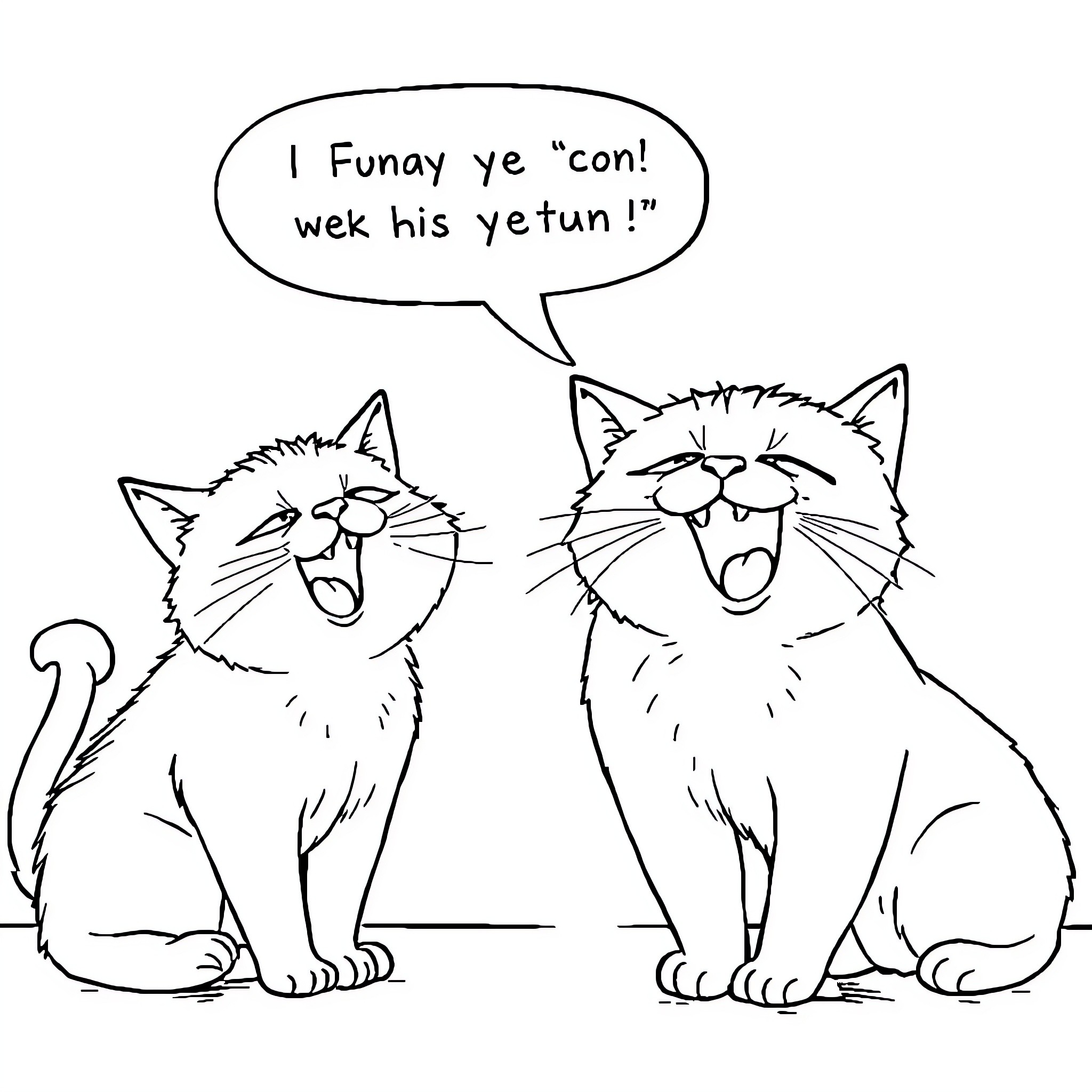 Cats Conversing with Expressive Reactions Coloring Page (free black-and-white line drawing printable PDF for all, from beginners to advanced learners, including children, teens, adults, and seniors)
