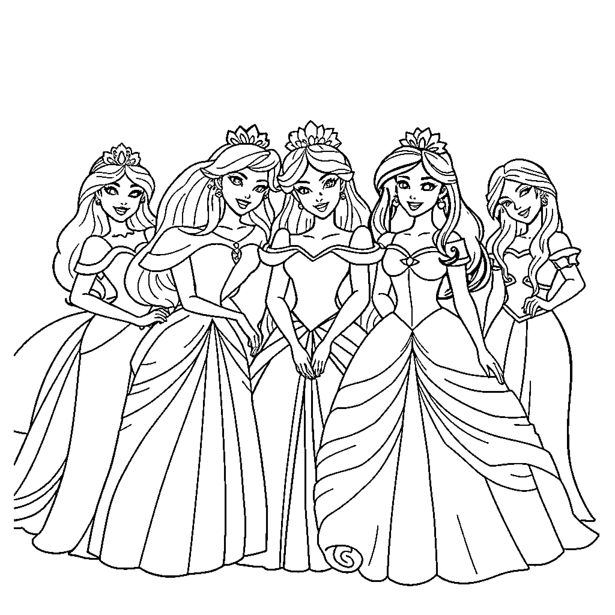 Princess friends posing together in formal dresses Coloring Page (free black-and-white line drawing printable PDF for all, from beginners to advanced learners, including children, teens, adults, and seniors)