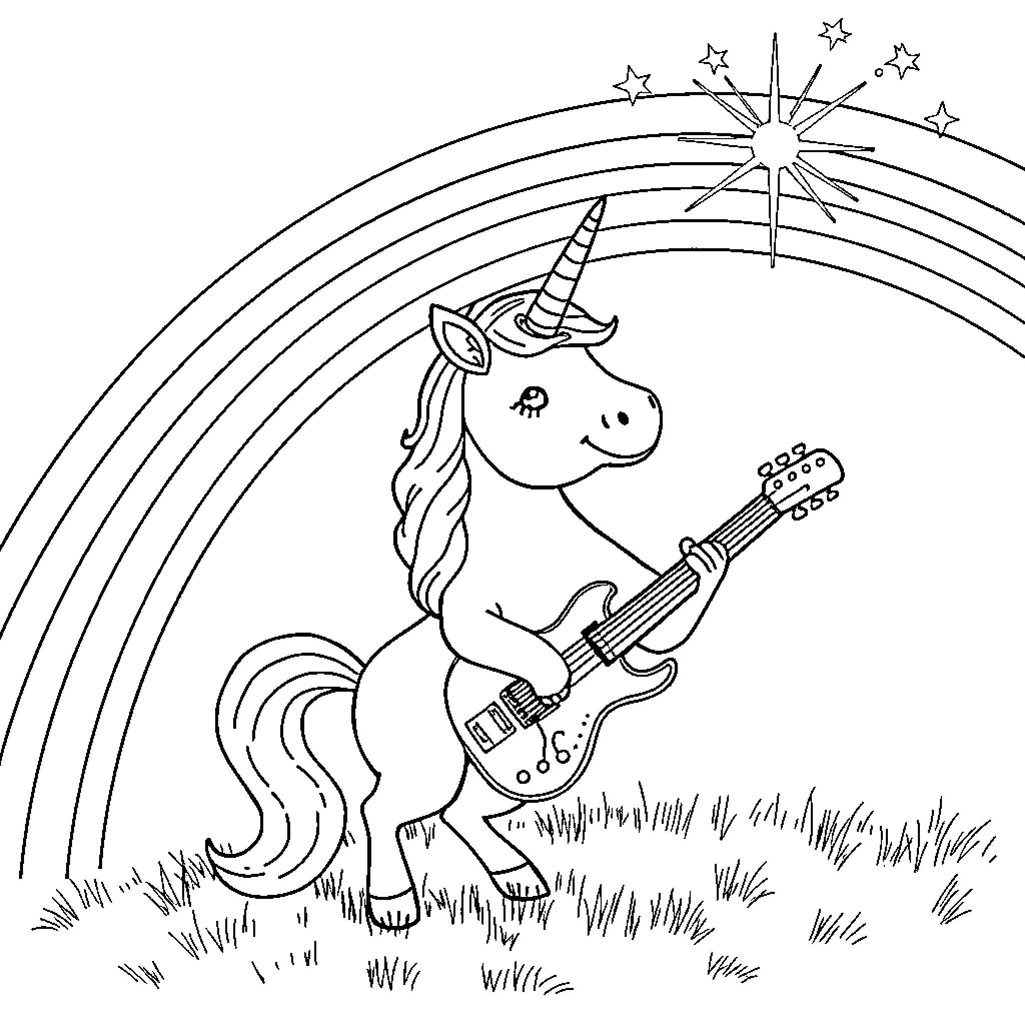 Unicorn playing guitar under a starry rainbow Coloring Page (free black-and-white line drawing printable PDF for all, from beginners to advanced learners, including children, teens, adults, and seniors)
