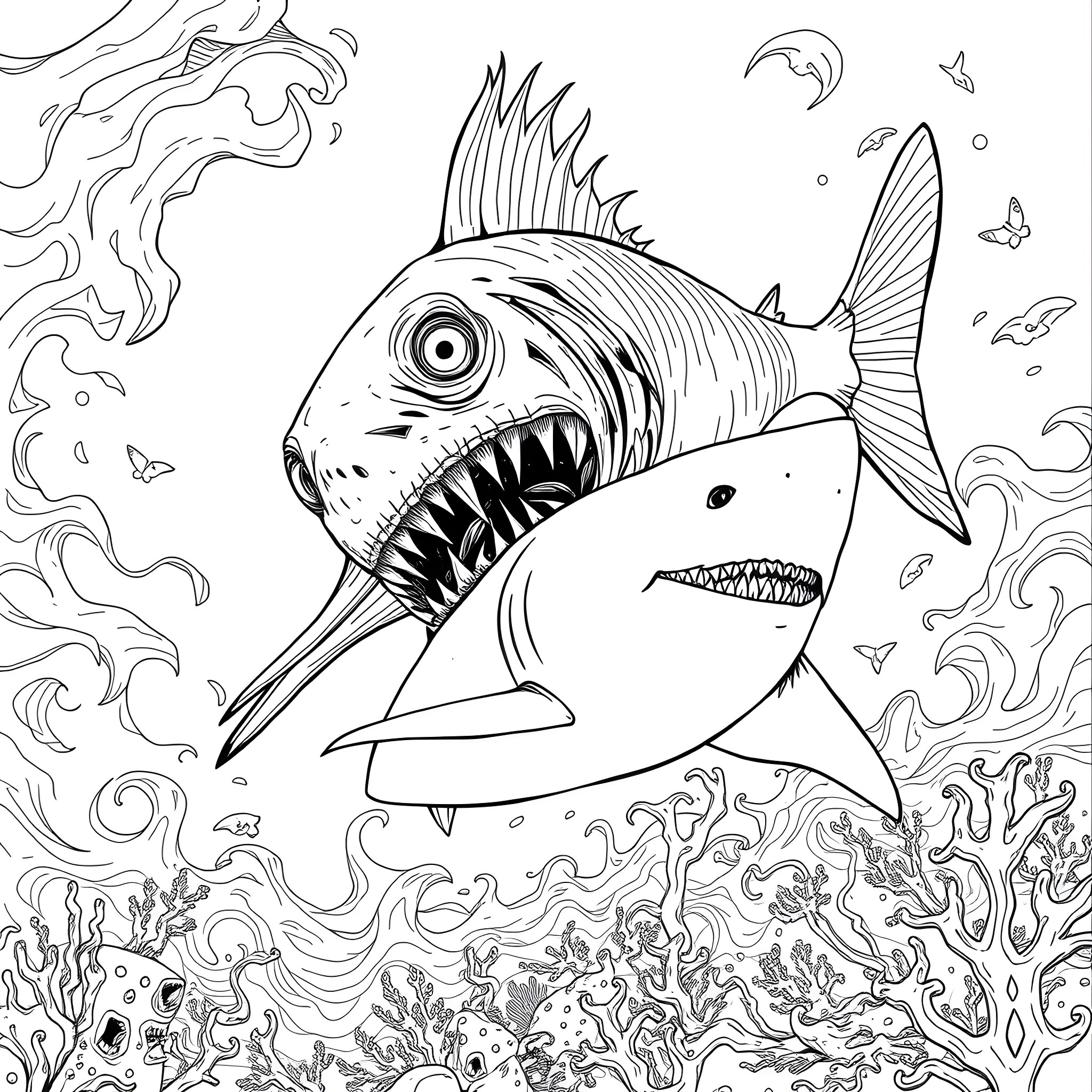 Fish feasting on undersea creatures in the deep sea Coloring Page (free black-and-white line drawing printable PDF for all, from beginners to advanced learners, including children, teens, adults, and seniors)