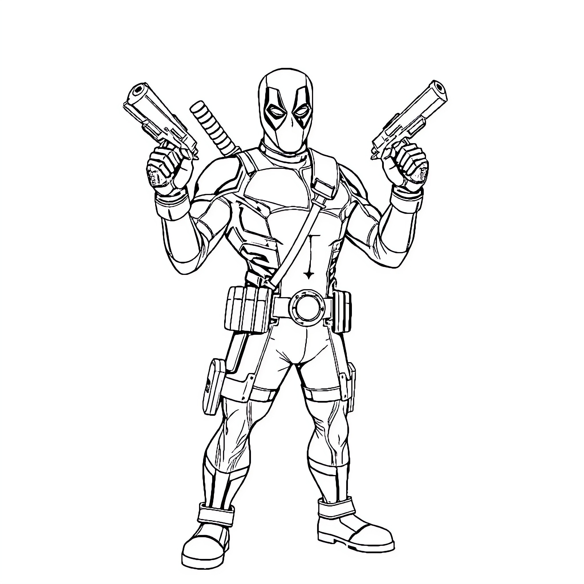 Deadpool Wielding Dual Firearms in Action Pose Coloring Page (free black-and-white line drawing printable PDF for all, from beginners to advanced learners, including children, teens, adults, and seniors)