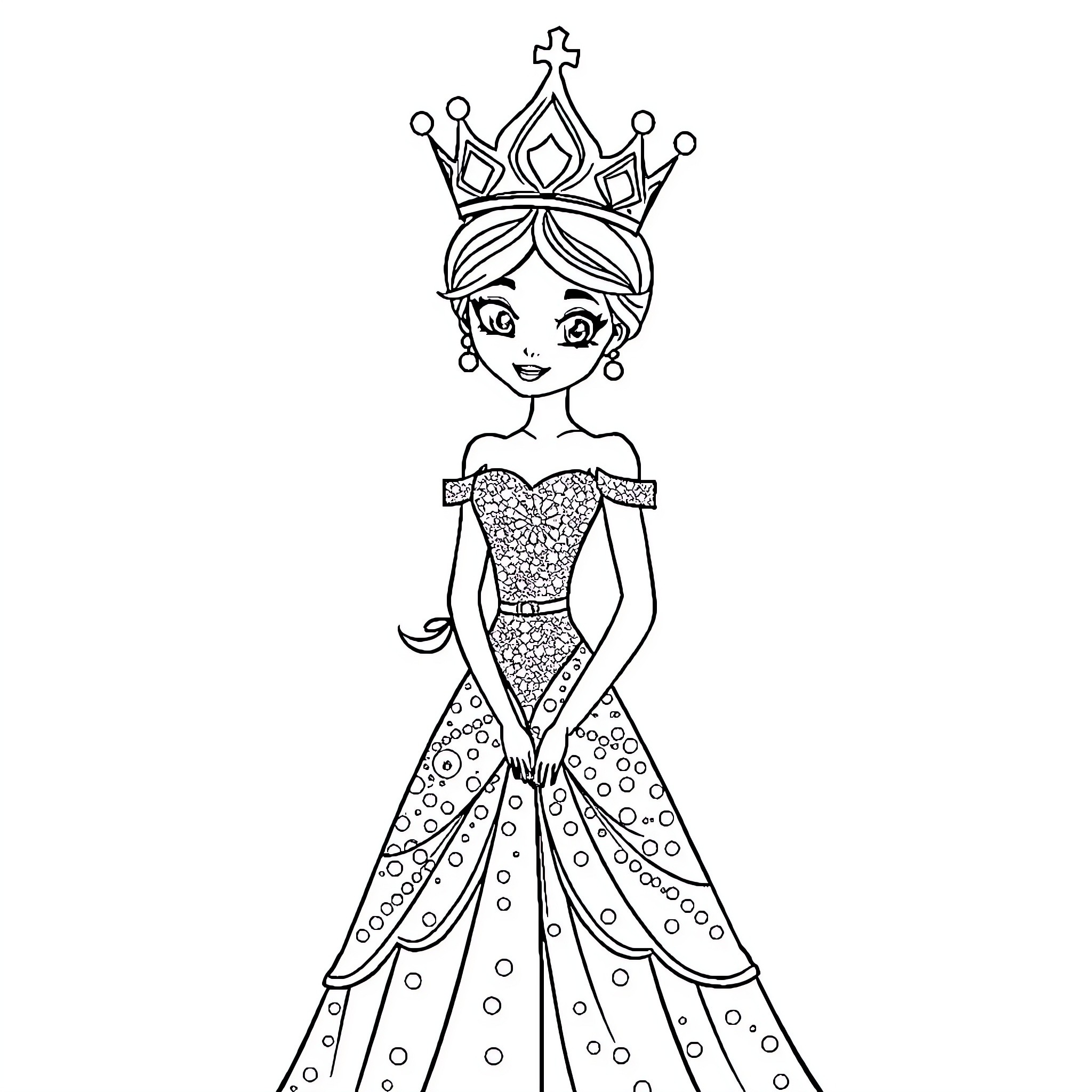 Princess in Regal Gown and Crown Coloring Page (free black-and-white line drawing printable PDF for all, from beginners to advanced learners, including children, teens, adults, and seniors)