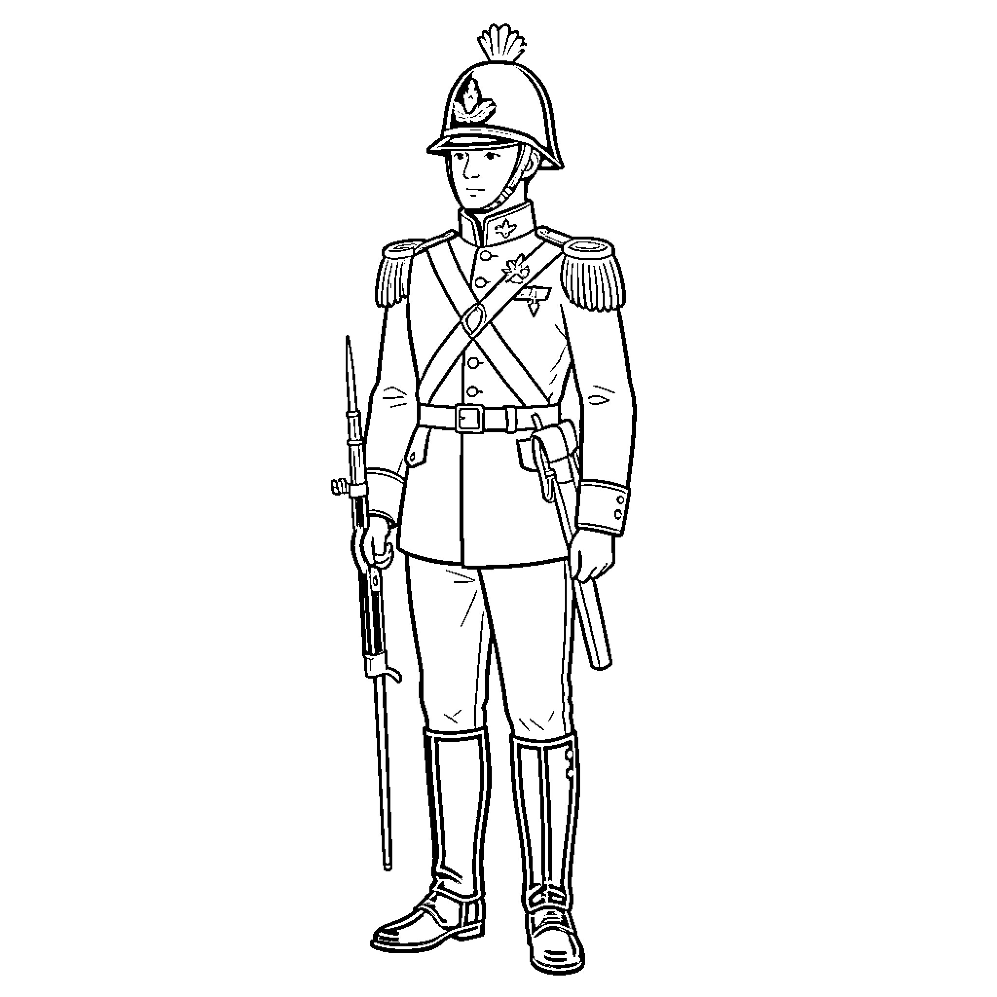 French Guard standing tall in formal military uniform Coloring Page (free black-and-white line drawing printable PDF for all, from beginners to advanced learners, including children, teens, adults, and seniors)