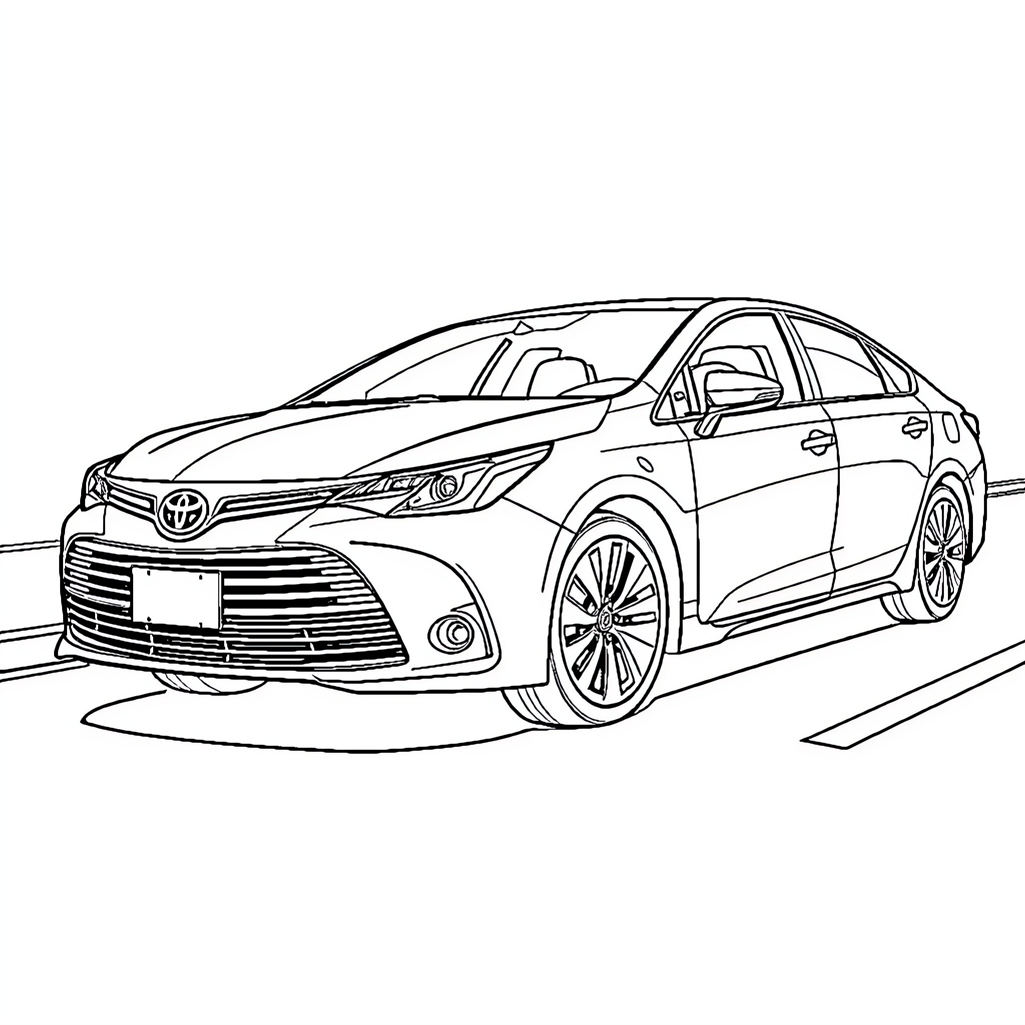 Toyota Avensis parked on the road Coloring Page (free black-and-white line drawing printable PDF for all, from beginners to advanced learners, including children, teens, adults, and seniors)