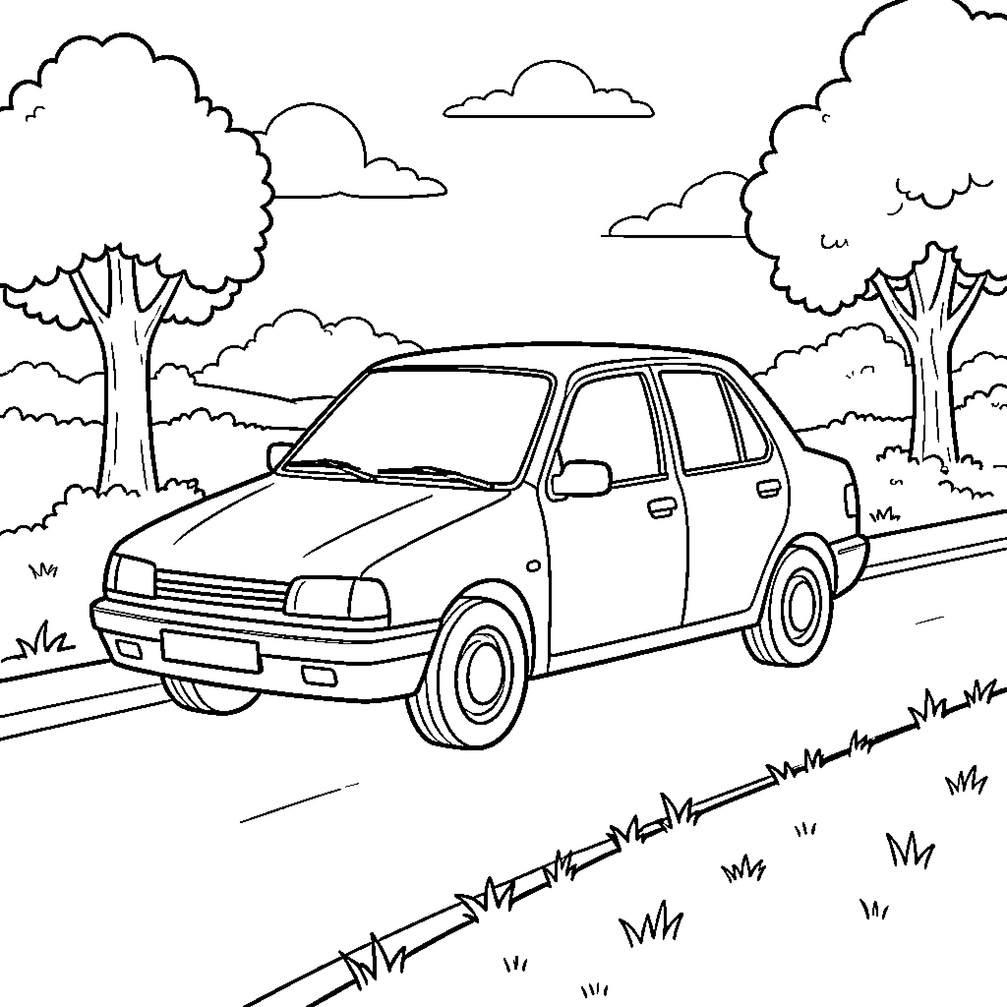 Car driving along a scenic road with trees Coloring Page (free black-and-white line drawing printable PDF for all, from beginners to advanced learners, including children, teens, adults, and seniors)