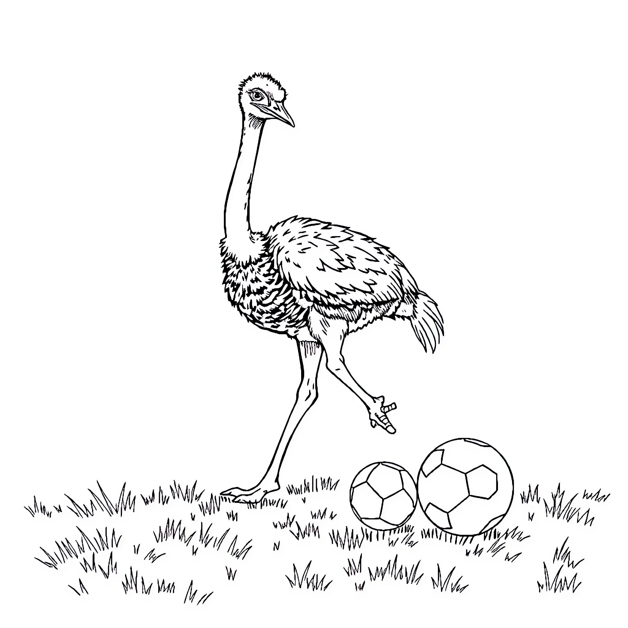Ostrich playing with soccer balls in the field Coloring Page (free black-and-white line drawing printable PDF for all, from beginners to advanced learners, including children, teens, adults, and seniors)