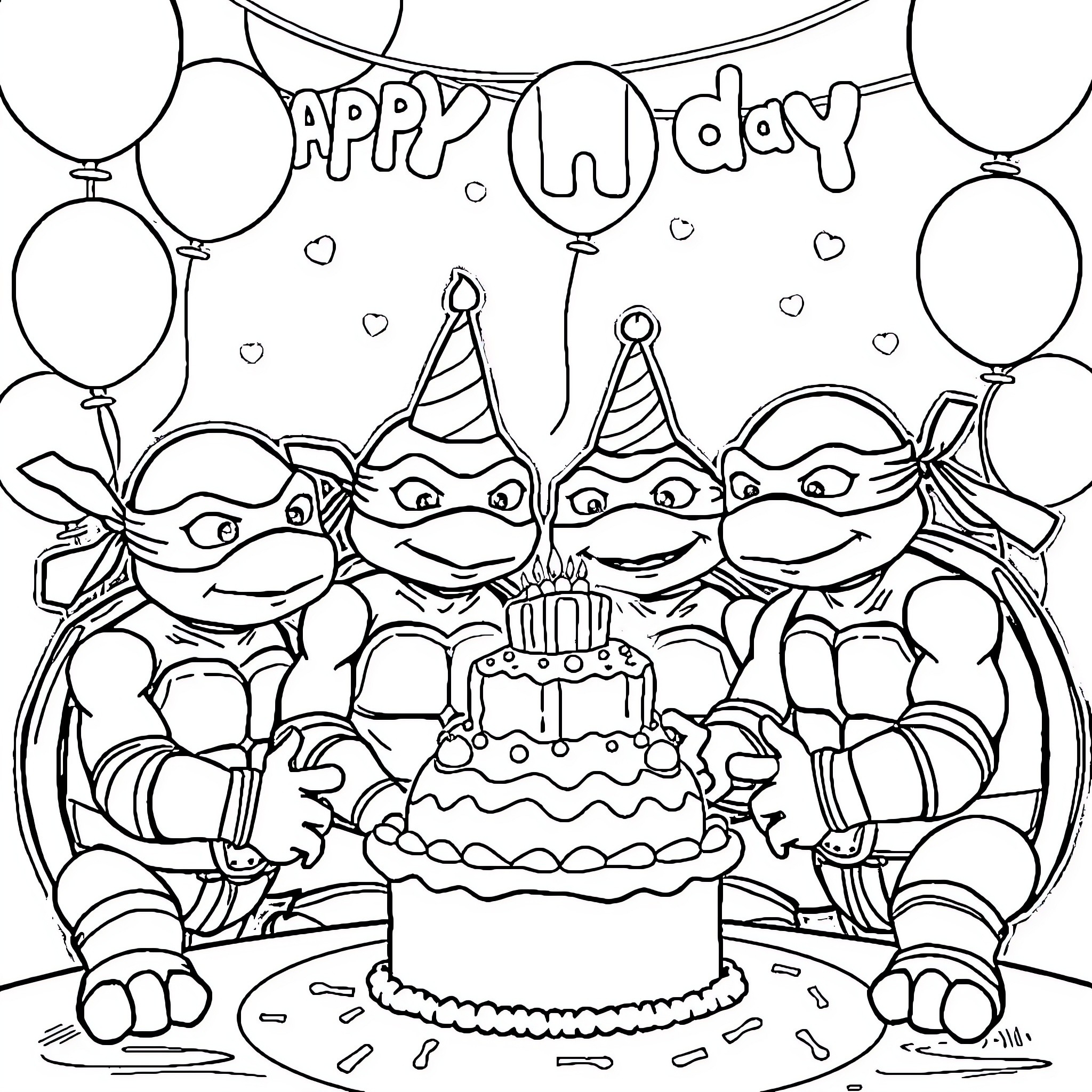 Ninja Turtles Celebrating a Birthday Party Coloring Page (free black-and-white line drawing printable PDF for all, from beginners to advanced learners, including children, teens, adults, and seniors)