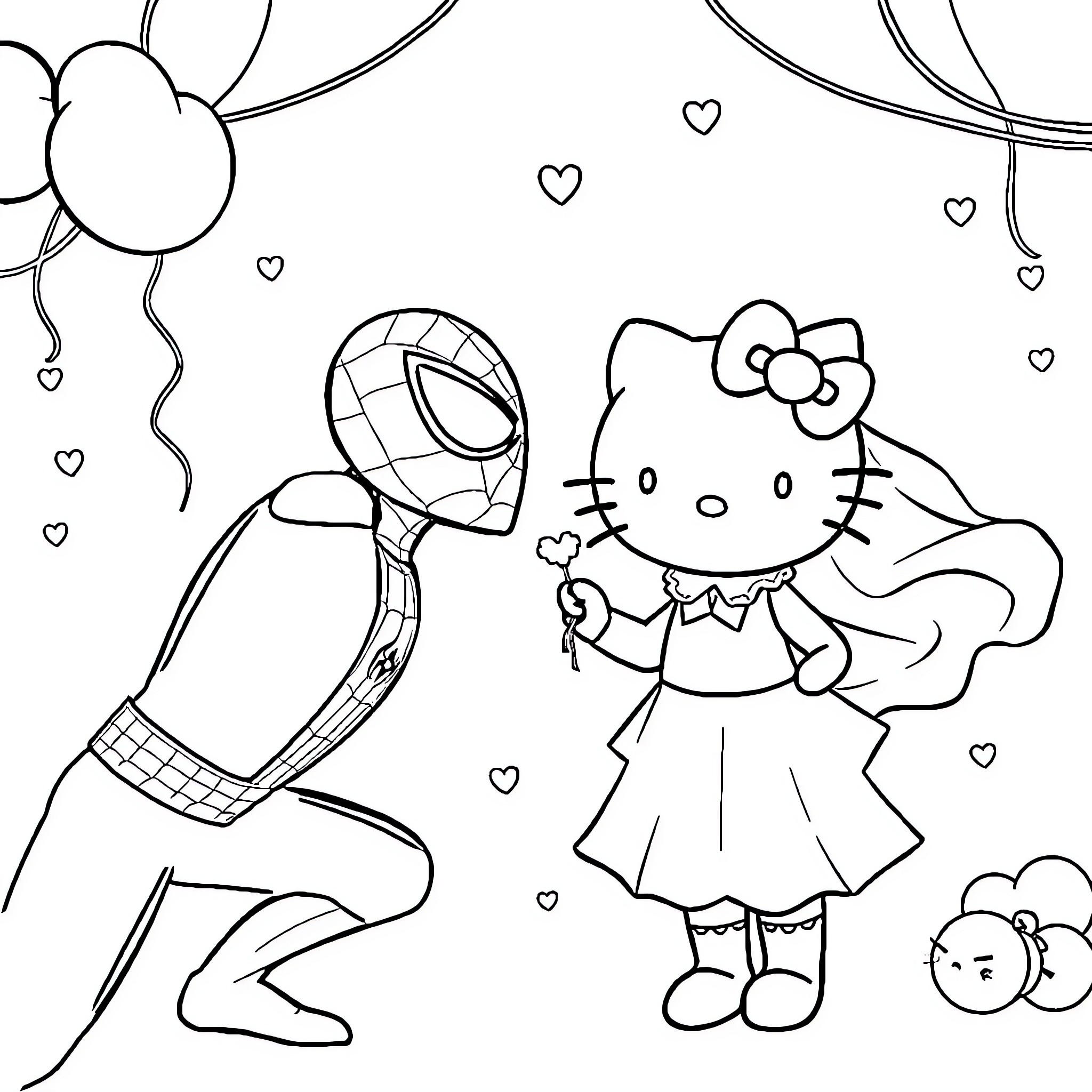 Hello Kitty meets friendly Spider-Man character Coloring Page (free black-and-white line drawing printable PDF for all, from beginners to advanced learners, including children, teens, adults, and seniors)