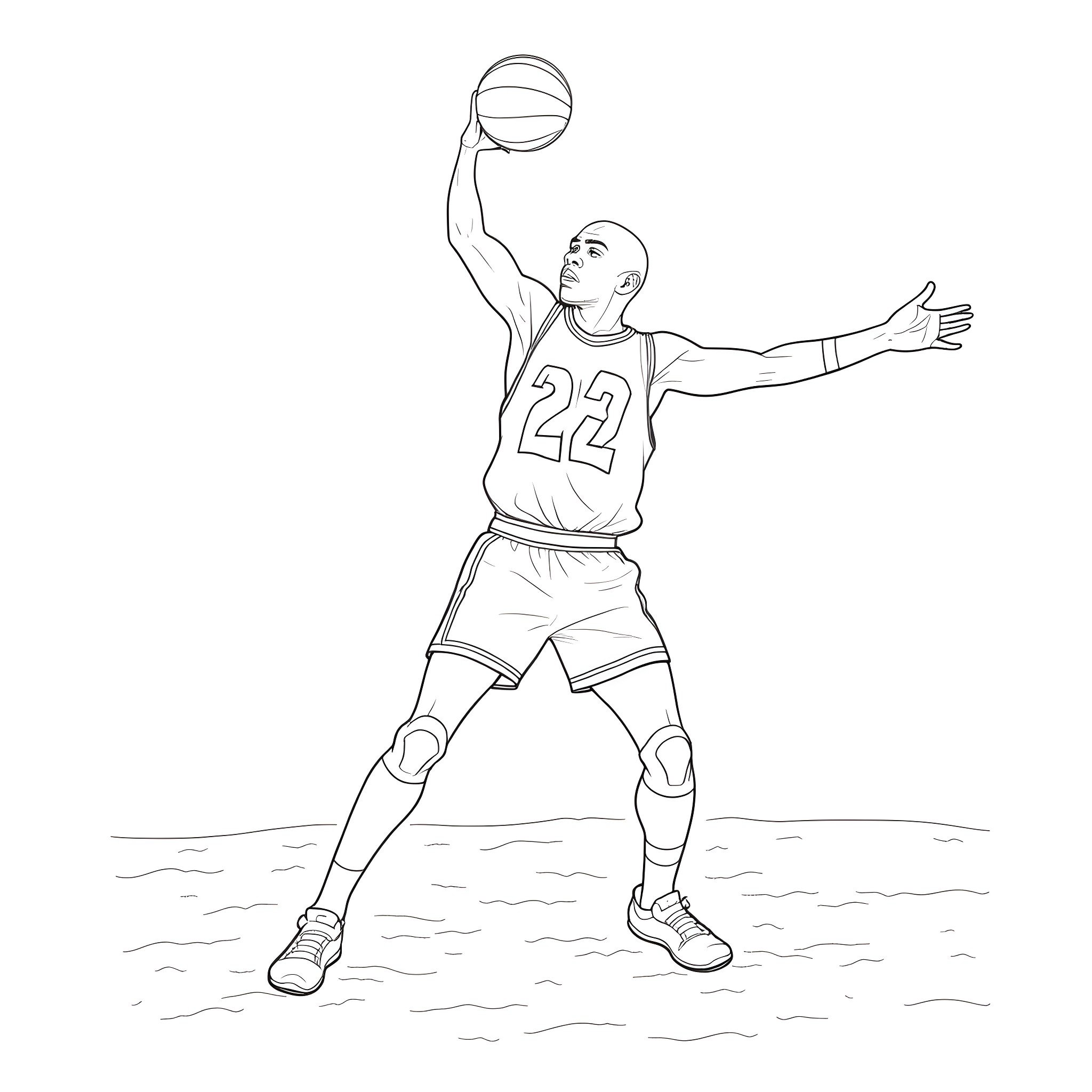 Michael Jordan dunking a basketball on the court Coloring Page (free black-and-white line drawing printable PDF for all, from beginners to advanced learners, including children, teens, adults, and seniors)
