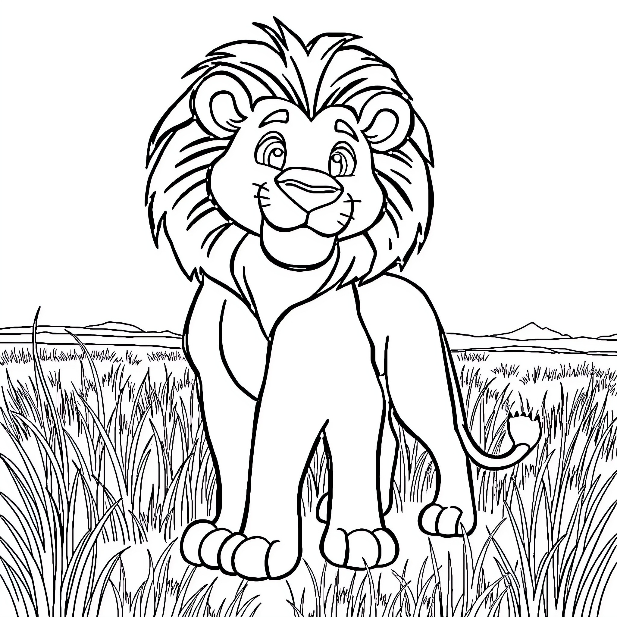 Lion standing proudly in natural landscape Coloring Page (free black-and-white line drawing printable PDF for all, from beginners to advanced learners, including children, teens, adults, and seniors)