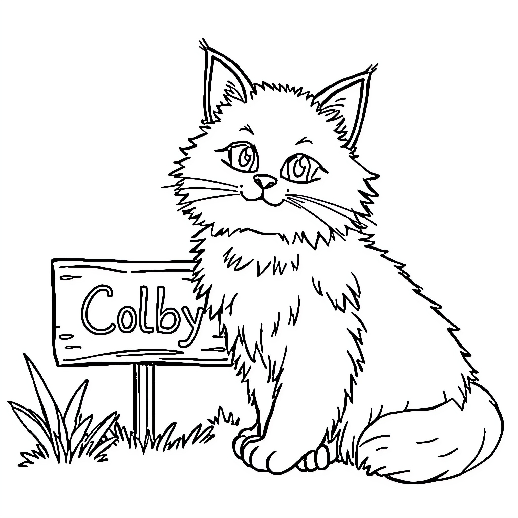 Cat sitting by a nameplate Coloring Page (free black-and-white line drawing printable PDF for all, from beginners to advanced learners, including children, teens, adults, and seniors)