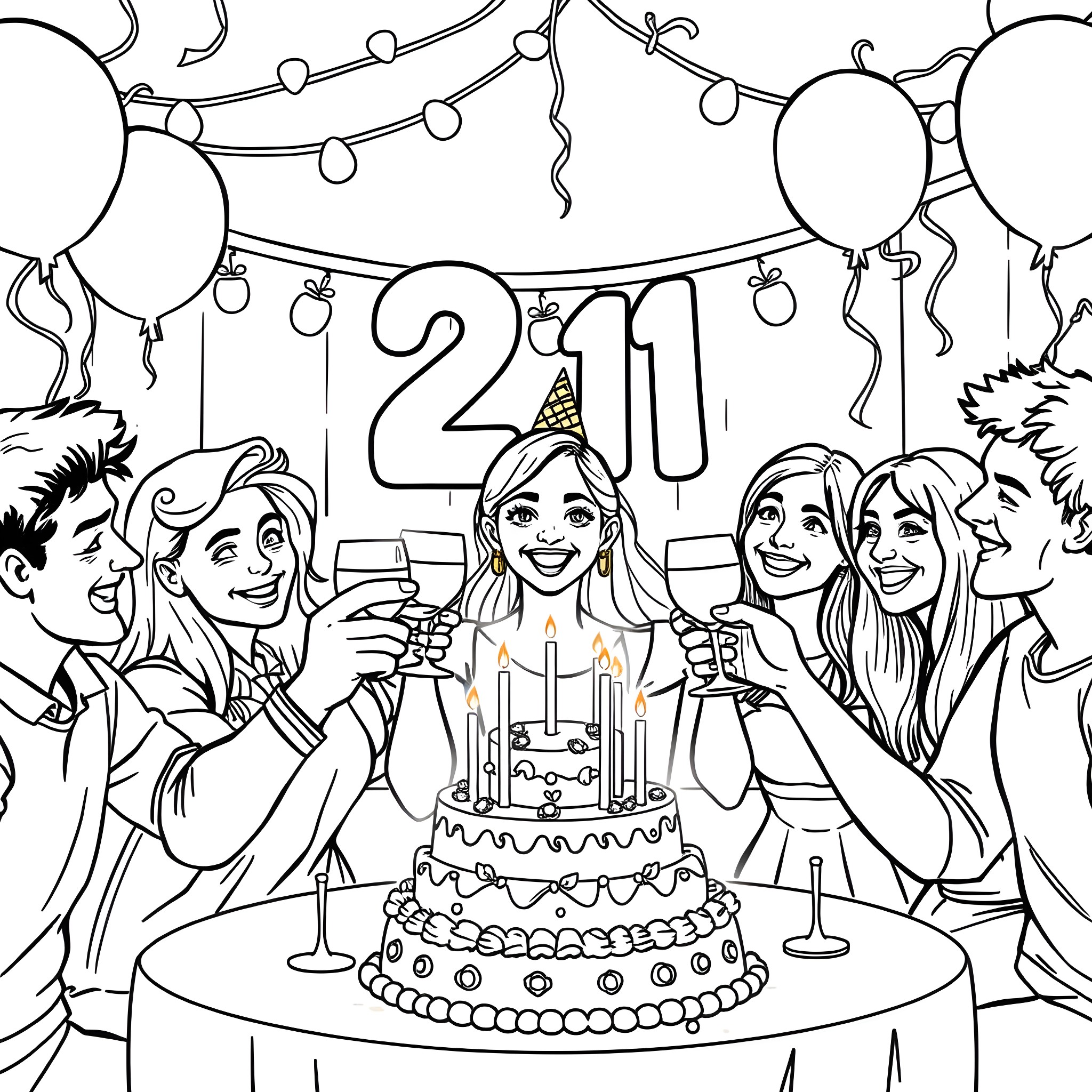 Birthday Girl Celebrating with Friends and Cake Coloring Page (free black-and-white line drawing printable PDF for all, from beginners to advanced learners, including children, teens, adults, and seniors)