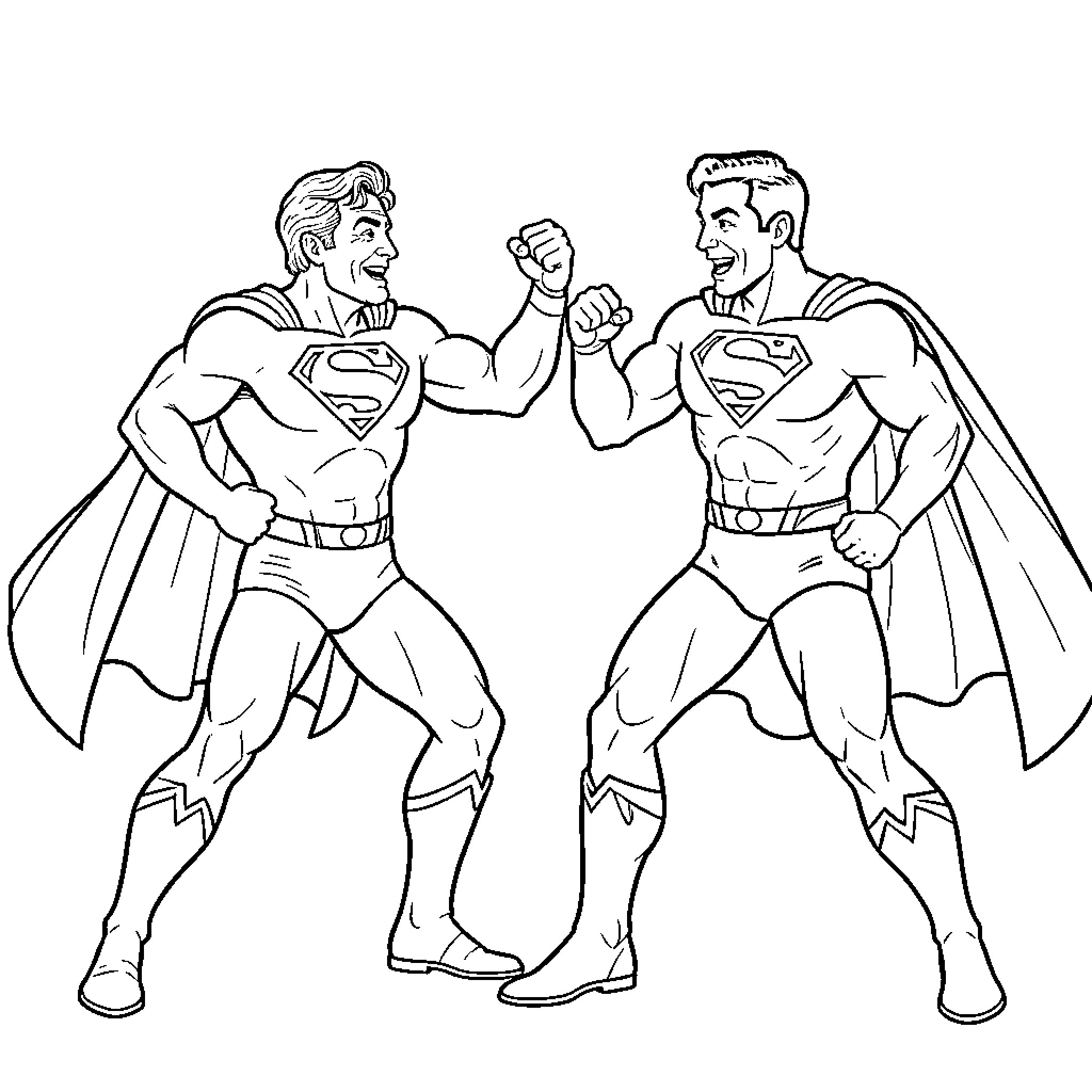 Jim Carrey as Superman characters performing a fist bump Coloring Page (free black-and-white line drawing printable PDF for all, from beginners to advanced learners, including children, teens, adults, and seniors)