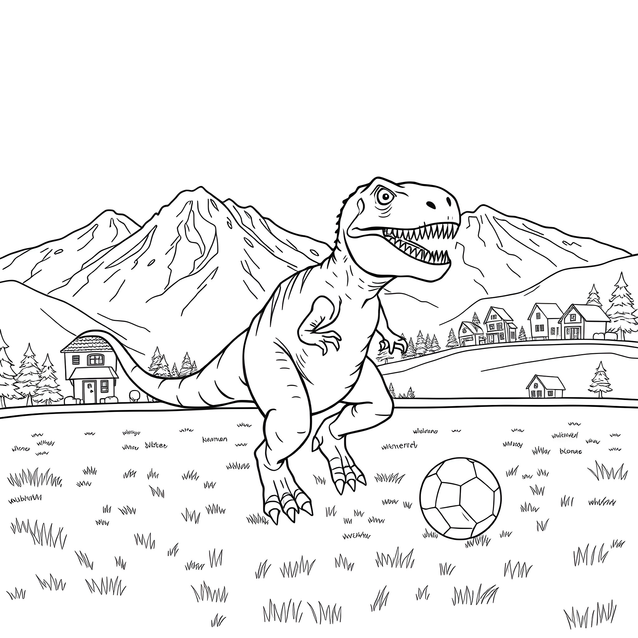 T-Rex playing with a soccer ball in the countryside Coloring Page (free black-and-white line drawing printable PDF for all, from beginners to advanced learners, including children, teens, adults, and seniors)