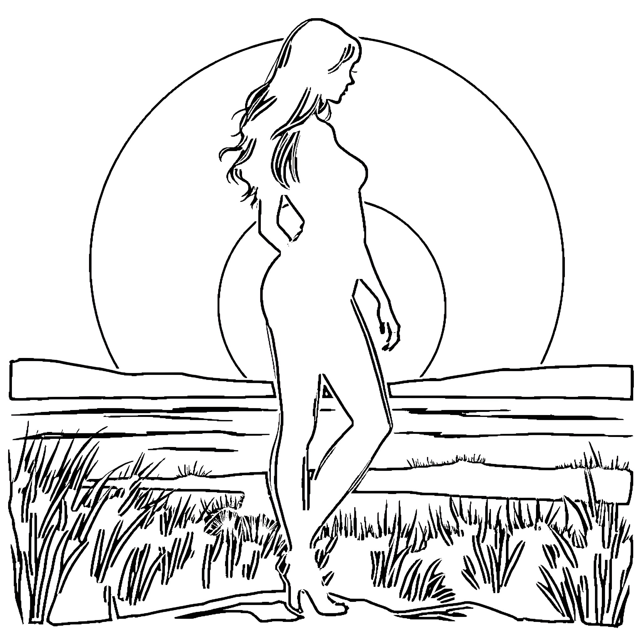 Female silhouette posing by the lake Coloring Page (free black-and-white line drawing printable PDF for all, from beginners to advanced learners, including children, teens, adults, and seniors)