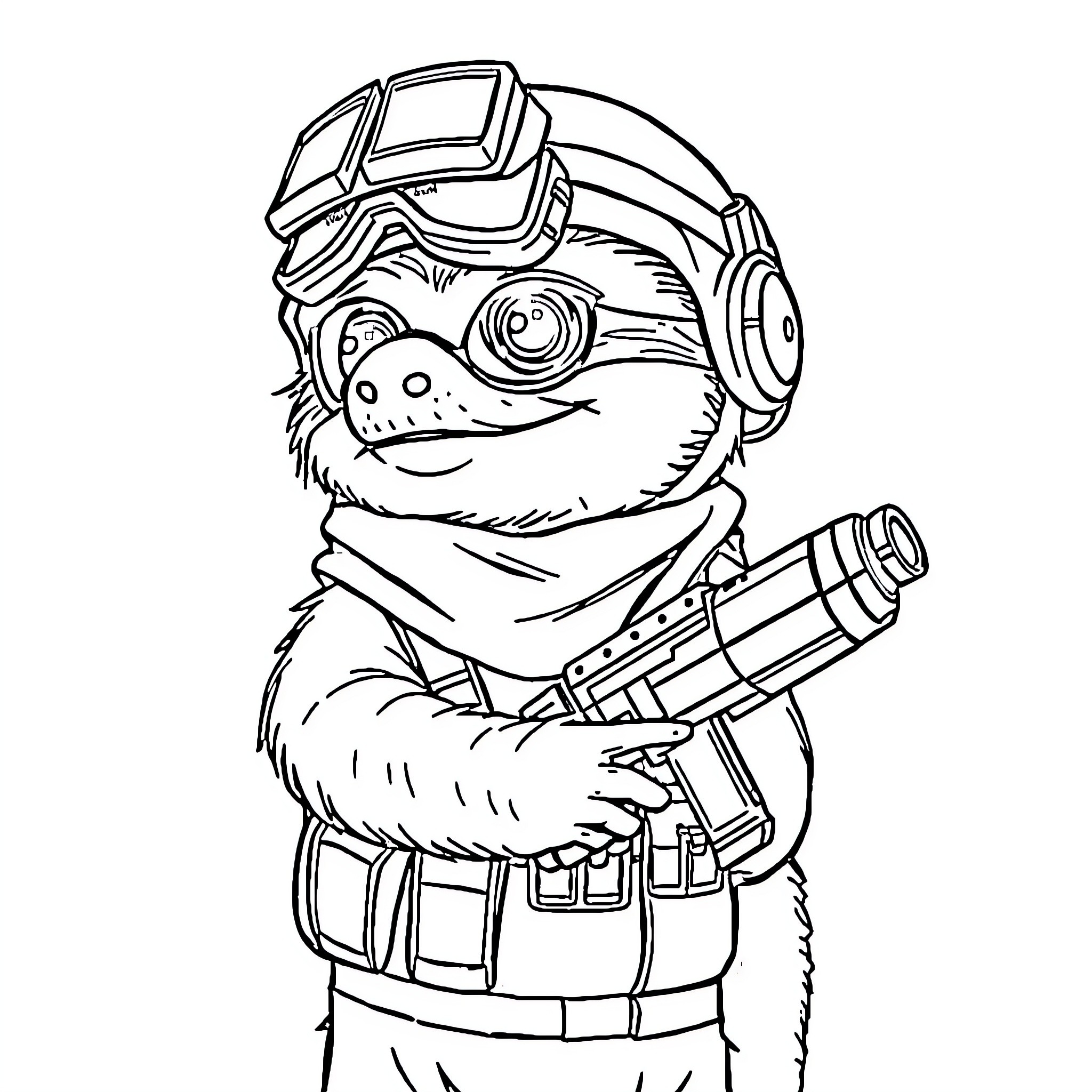 Sid the Adventurous Sloth in Gear Coloring Page (free black-and-white line drawing printable PDF for all, from beginners to advanced learners, including children, teens, adults, and seniors)