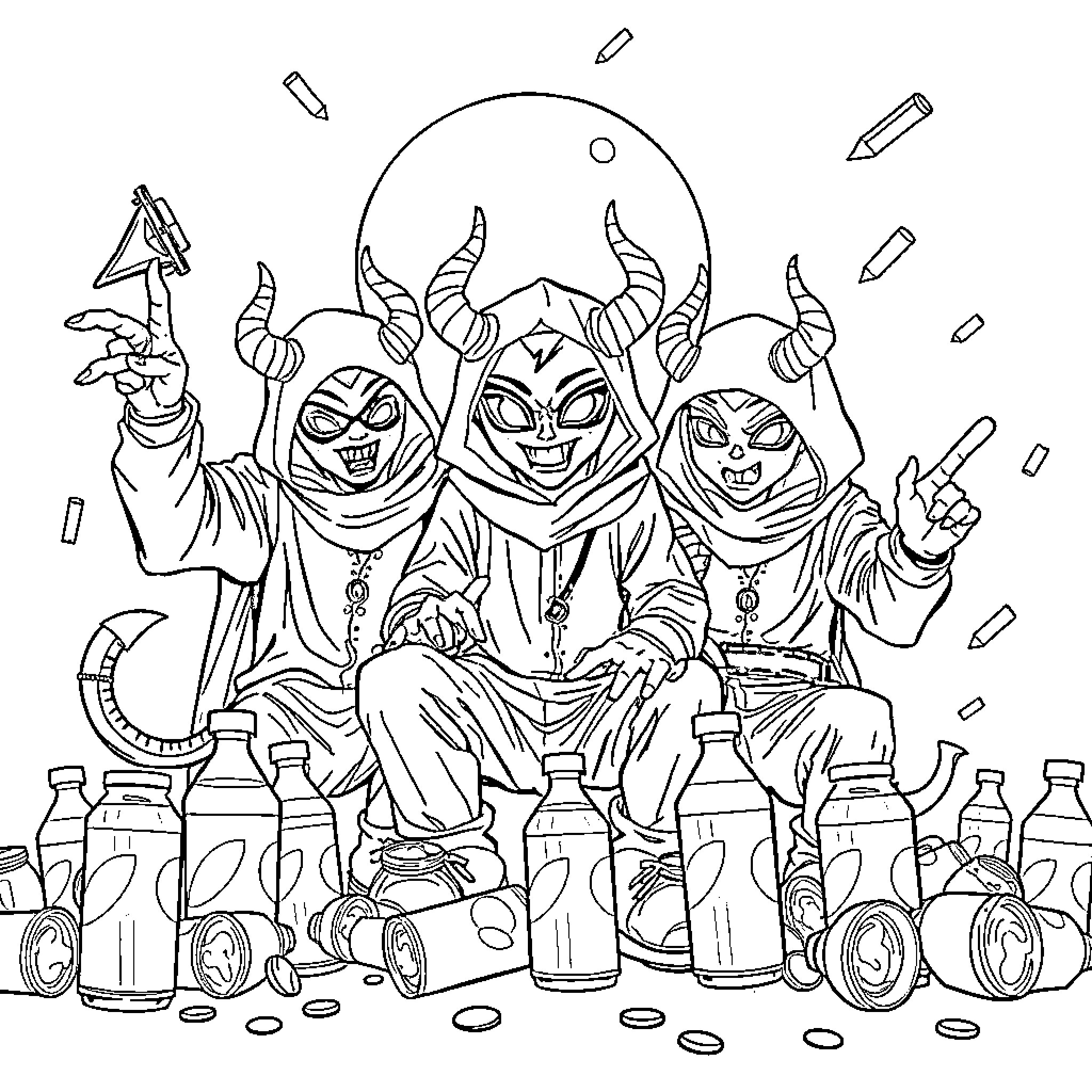 Demon Trio Celebrating with Bottles and Chaos Coloring Page (free black-and-white line drawing printable PDF for all, from beginners to advanced learners, including children, teens, adults, and seniors)