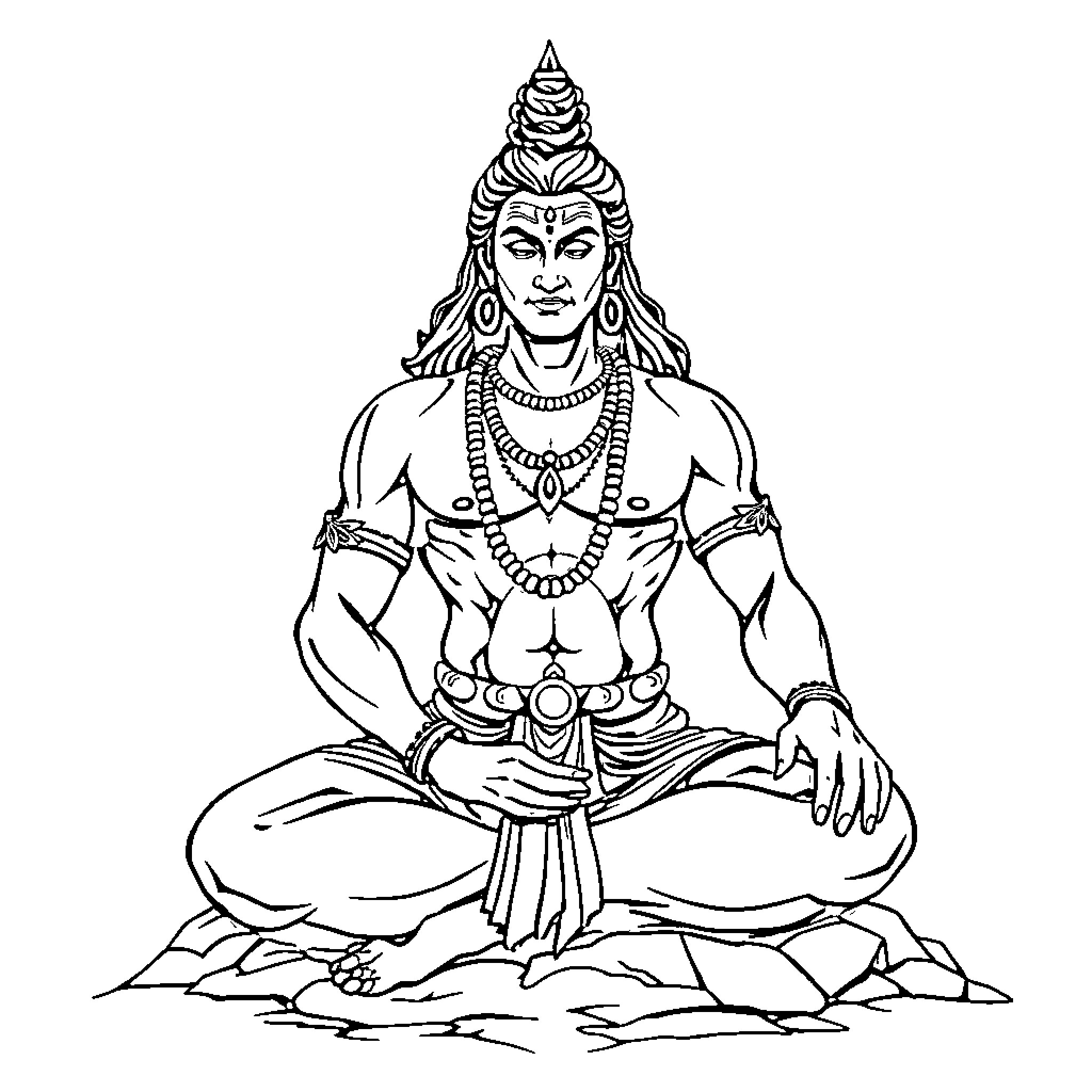Shiva, the Hindu deity, in meditative pose Coloring Page (free black-and-white line drawing printable PDF for all, from beginners to advanced learners, including children, teens, adults, and seniors)