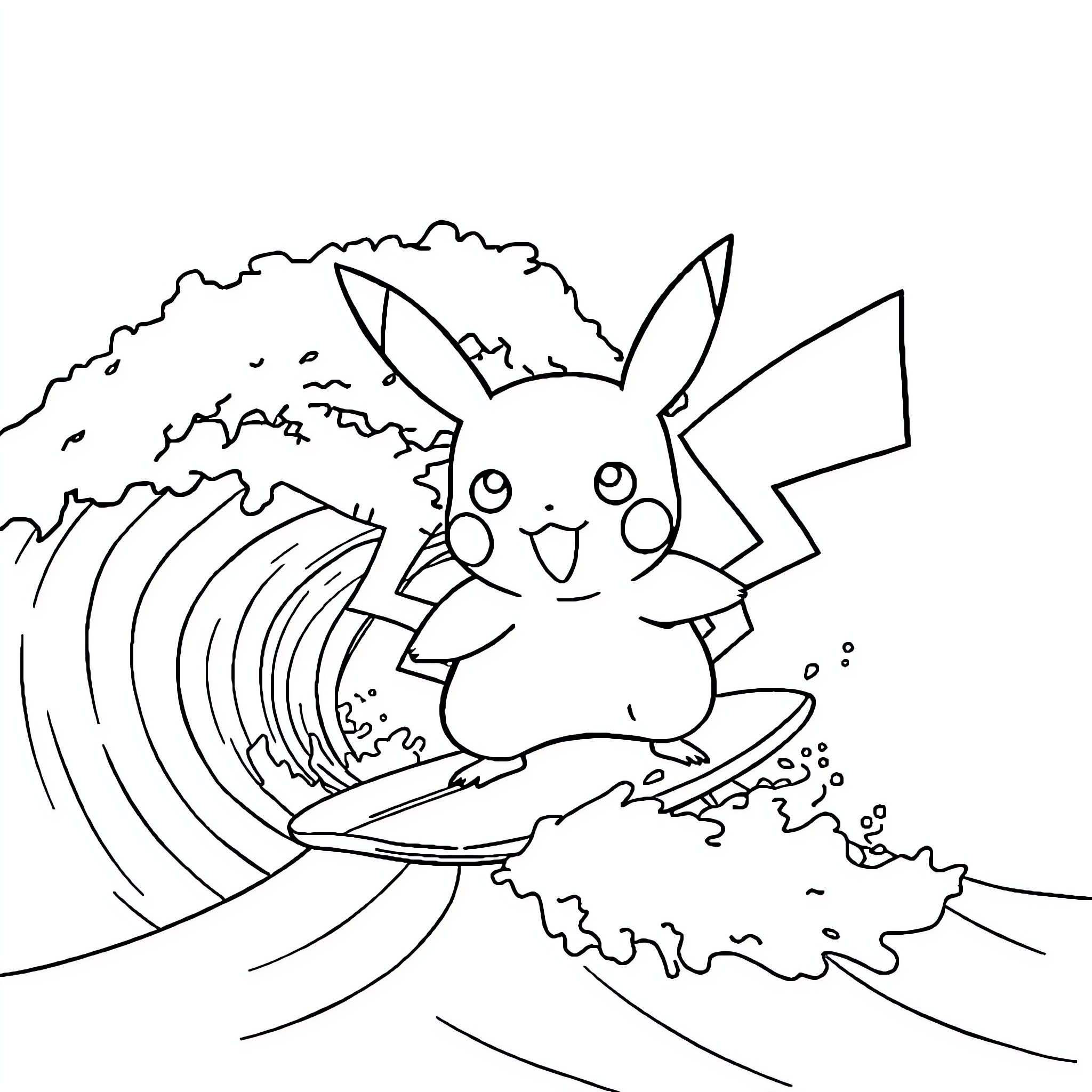 Pikachu playing in a stormy sea Coloring Page (free black-and-white line drawing printable PDF for all, from beginners to advanced learners, including children, teens, adults, and seniors)