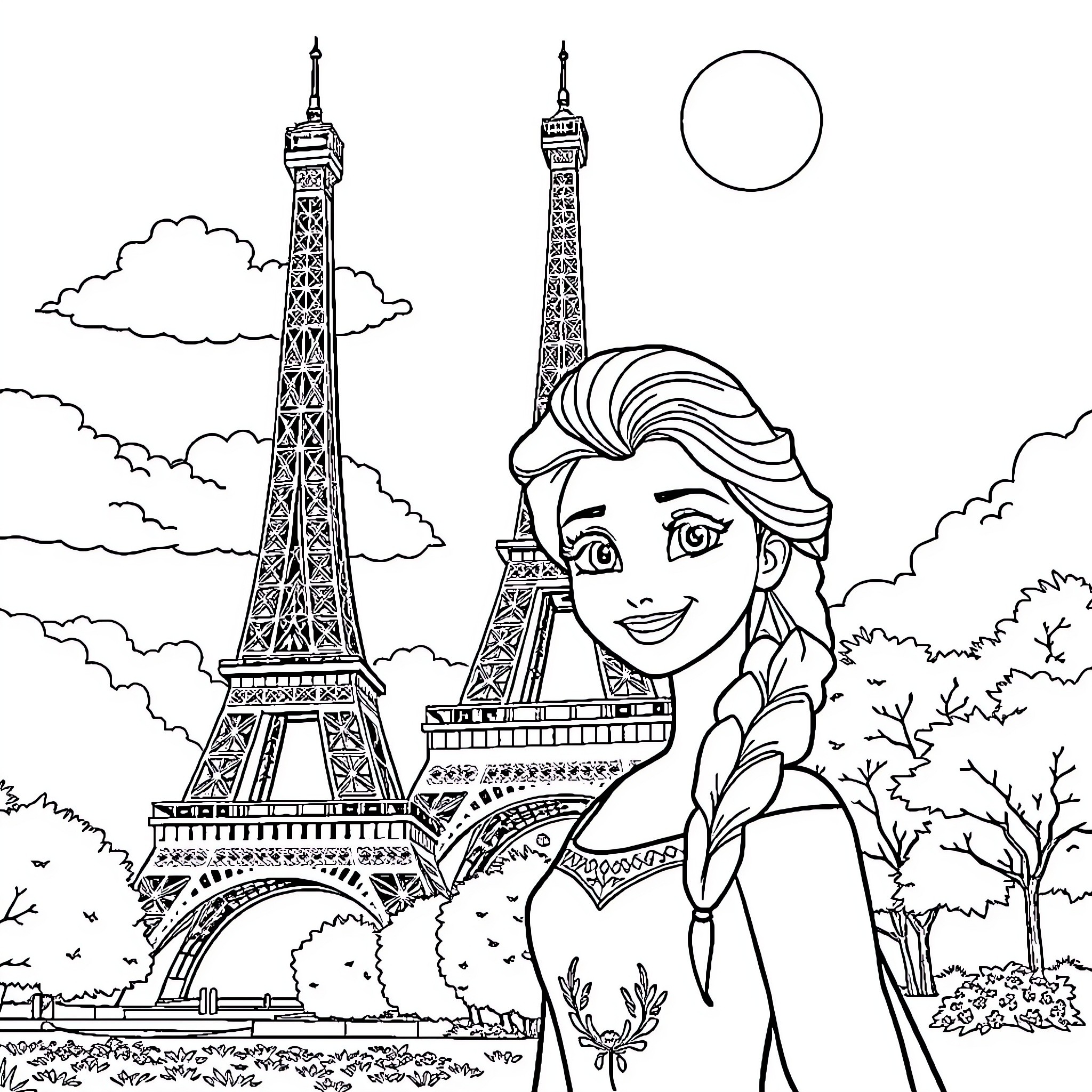 Elsa's Enchanting Adventure in Paris Coloring Page (free black-and-white line drawing printable PDF for all, from beginners to advanced learners, including children, teens, adults, and seniors)