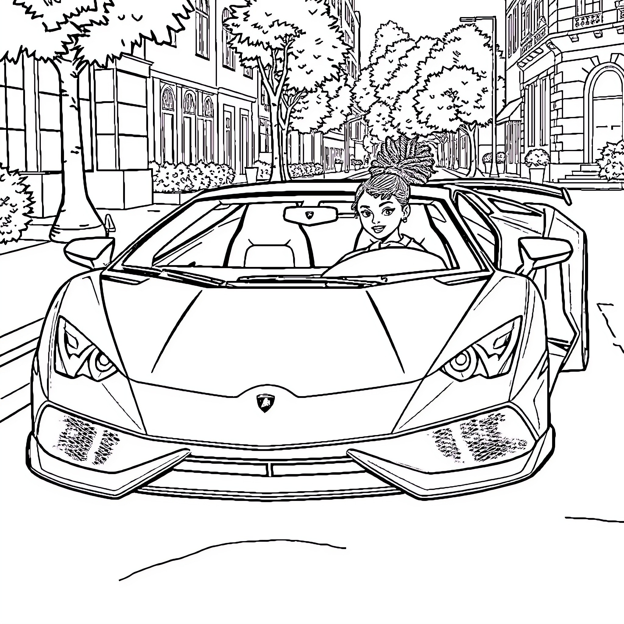 Lamborghini on the city street with person Coloring Page (free black-and-white line drawing printable PDF for all, from beginners to advanced learners, including children, teens, adults, and seniors)
