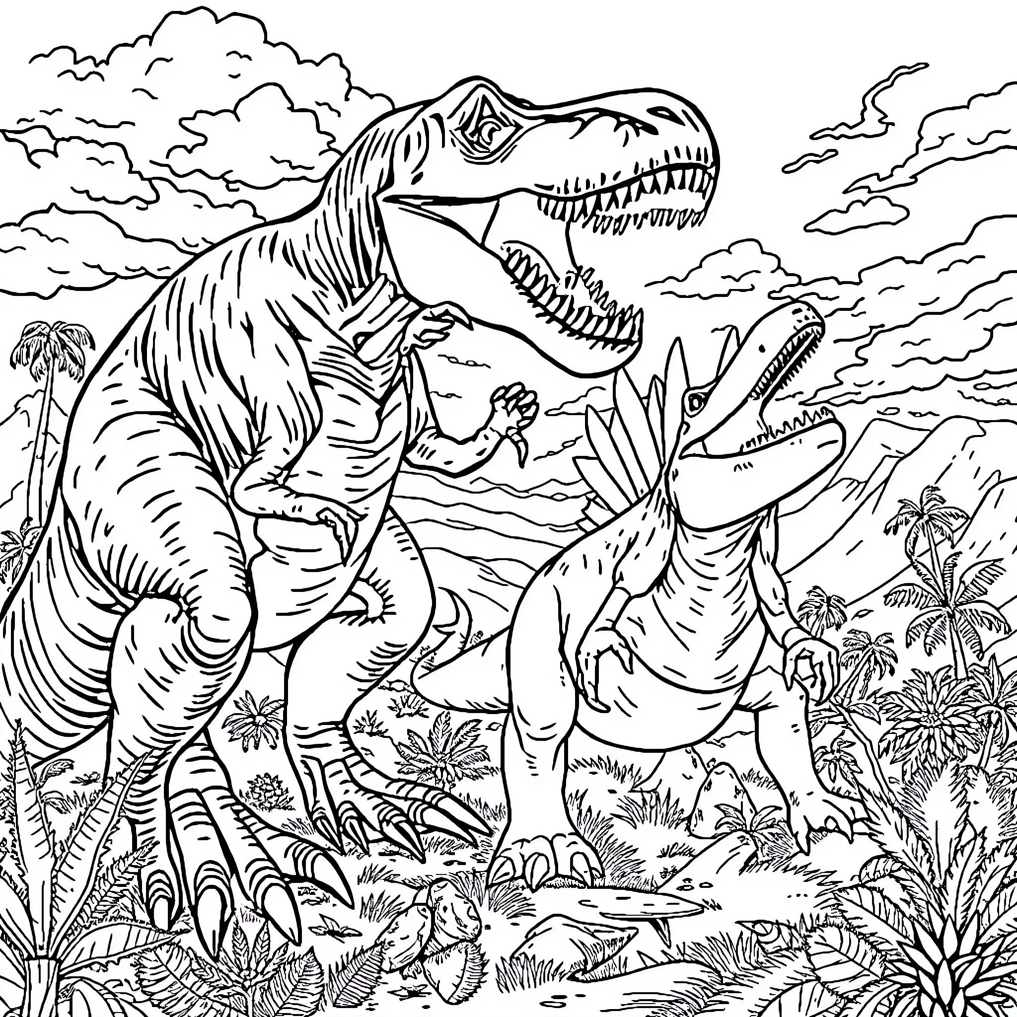 Dinosaurs engaging in fierce battle amid prehistoric landscape Coloring Page (free black-and-white line drawing printable PDF for all, from beginners to advanced learners, including children, teens, adults, and seniors)