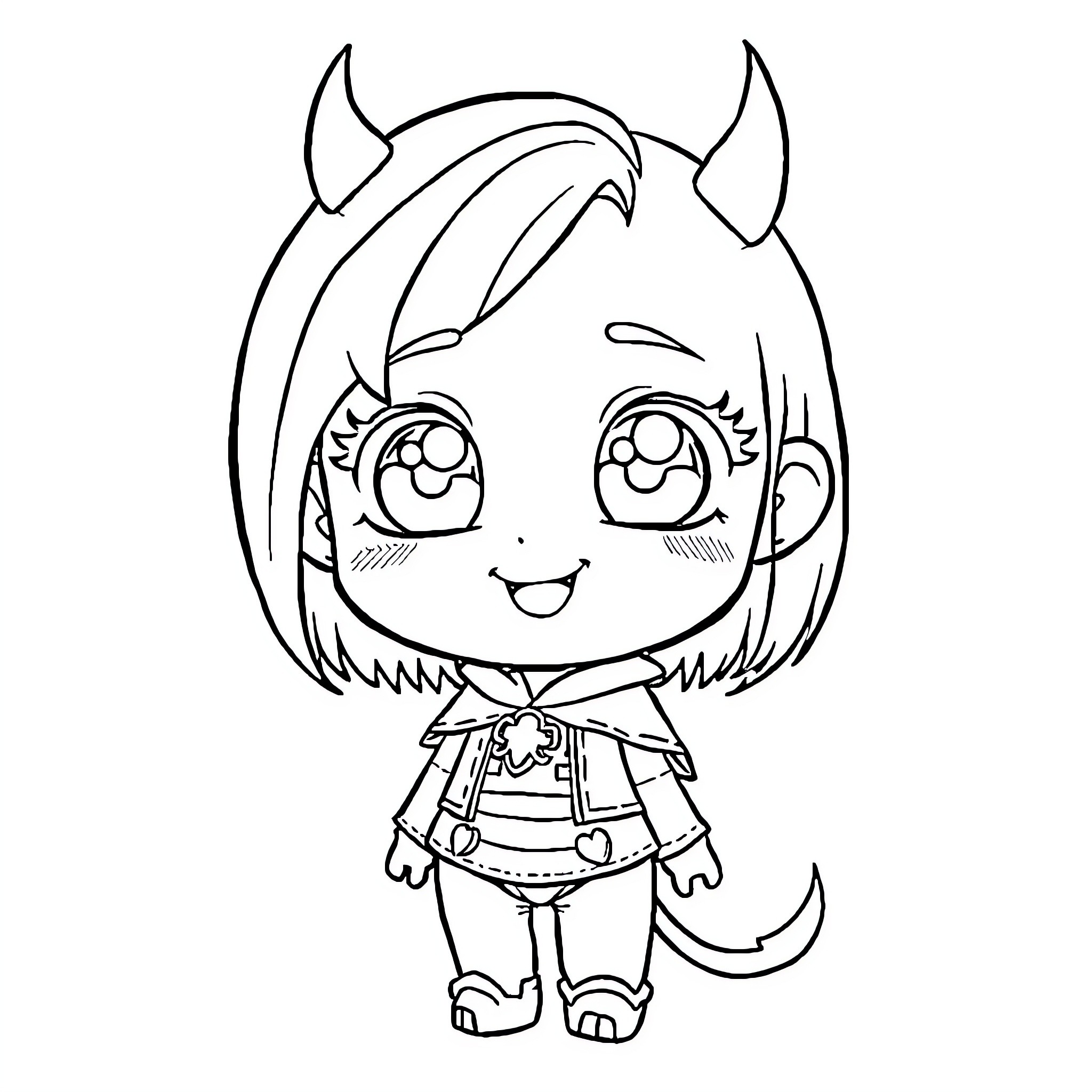 Sasja - Happy Horned Girl in Colorful Outfit Coloring Page (free black-and-white line drawing printable PDF for all, from beginners to advanced learners, including children, teens, adults, and seniors)