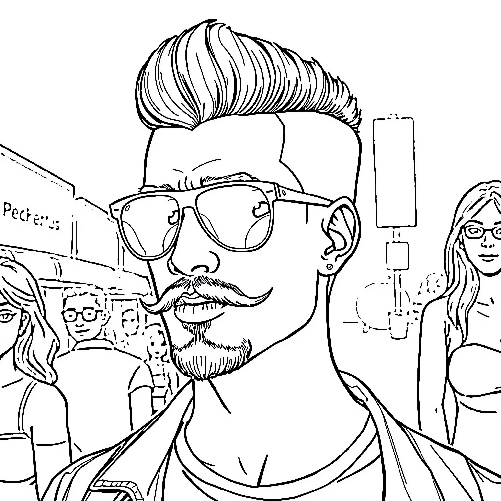 Man with stylish hair and glasses posing with friends Coloring Page (free black-and-white line drawing printable PDF for all, from beginners to advanced learners, including children, teens, adults, and seniors)