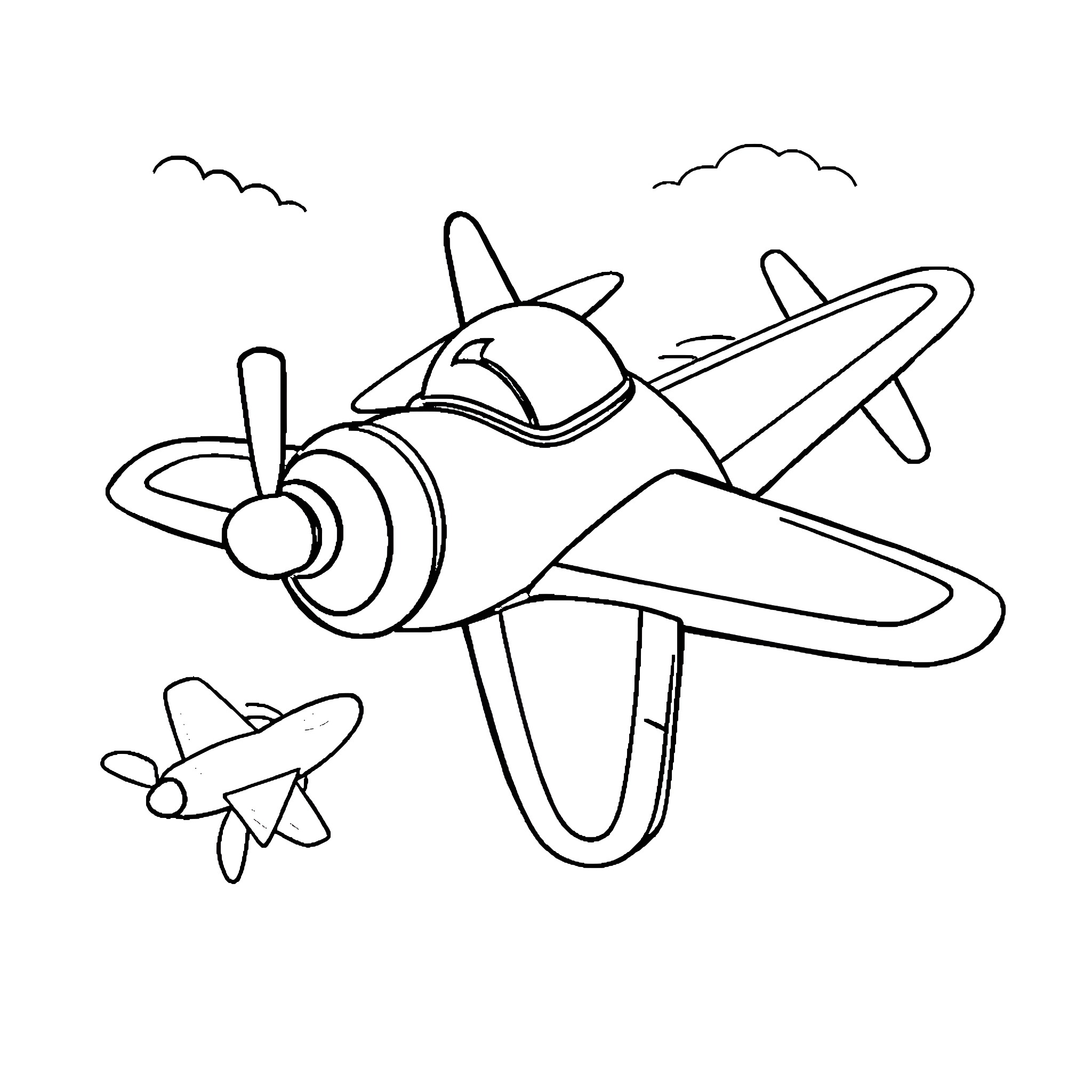 Airplane flying through the clouds Coloring Page (free black-and-white line drawing printable PDF for all, from beginners to advanced learners, including children, teens, adults, and seniors)