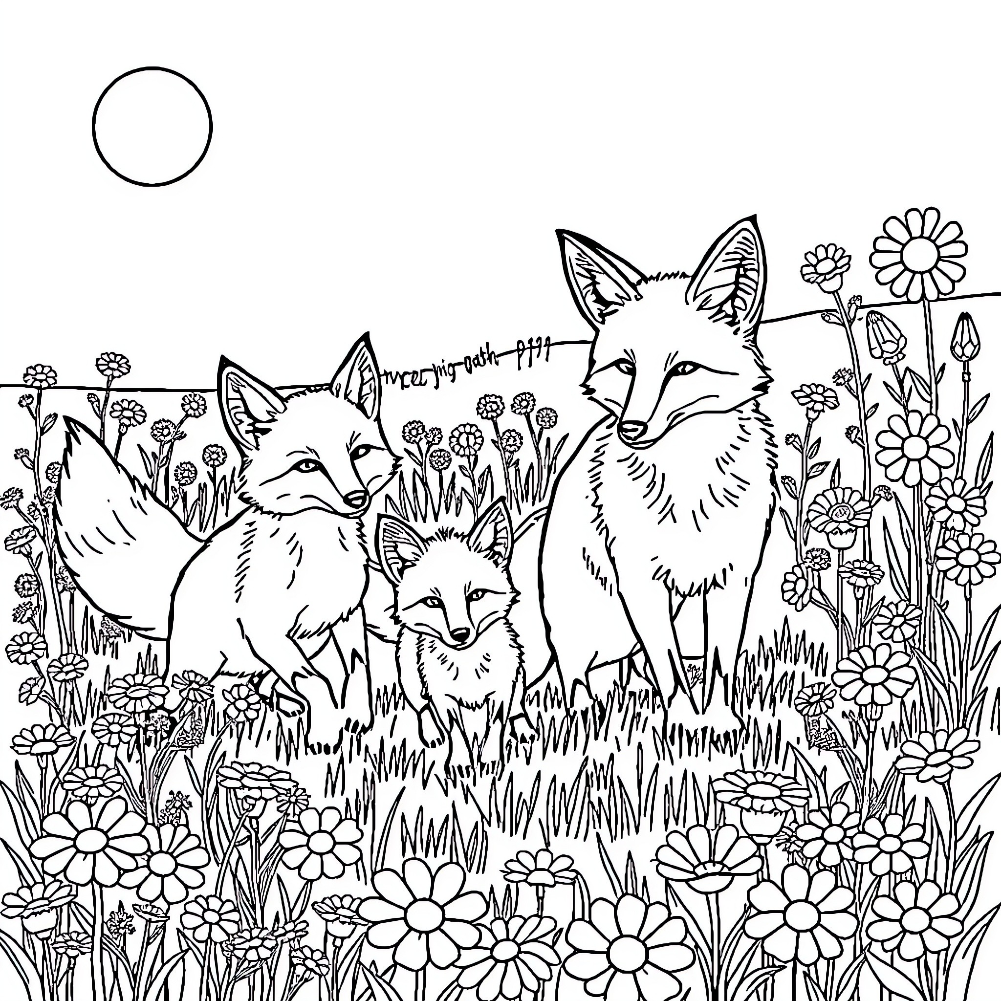 Fox Family in Floral Garden Coloring Page (free black-and-white line drawing printable PDF for all, from beginners to advanced learners, including children, teens, adults, and seniors)