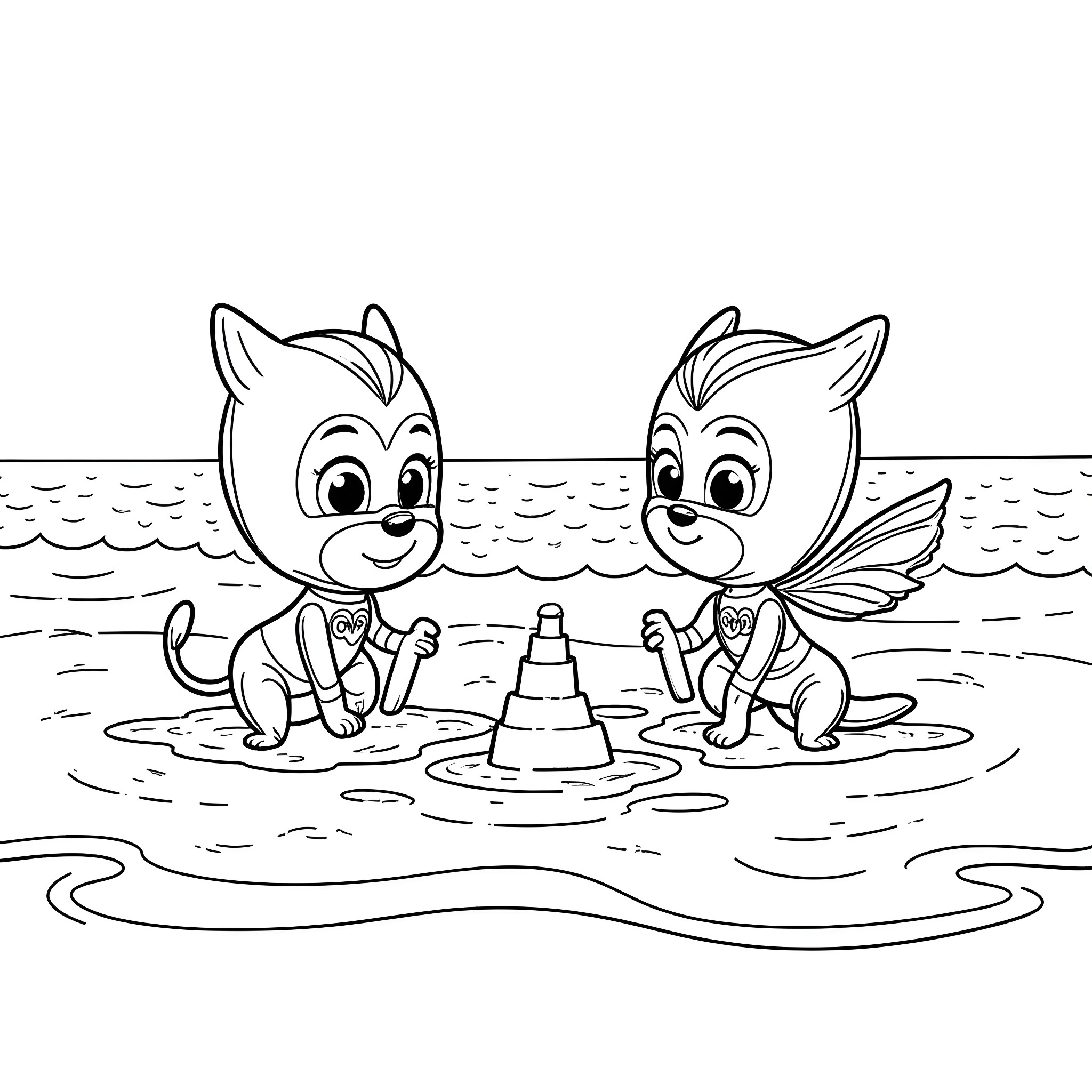 Bluey and friends playing in the water Coloring Page (free black-and-white line drawing printable PDF for all, from beginners to advanced learners, including children, teens, adults, and seniors)