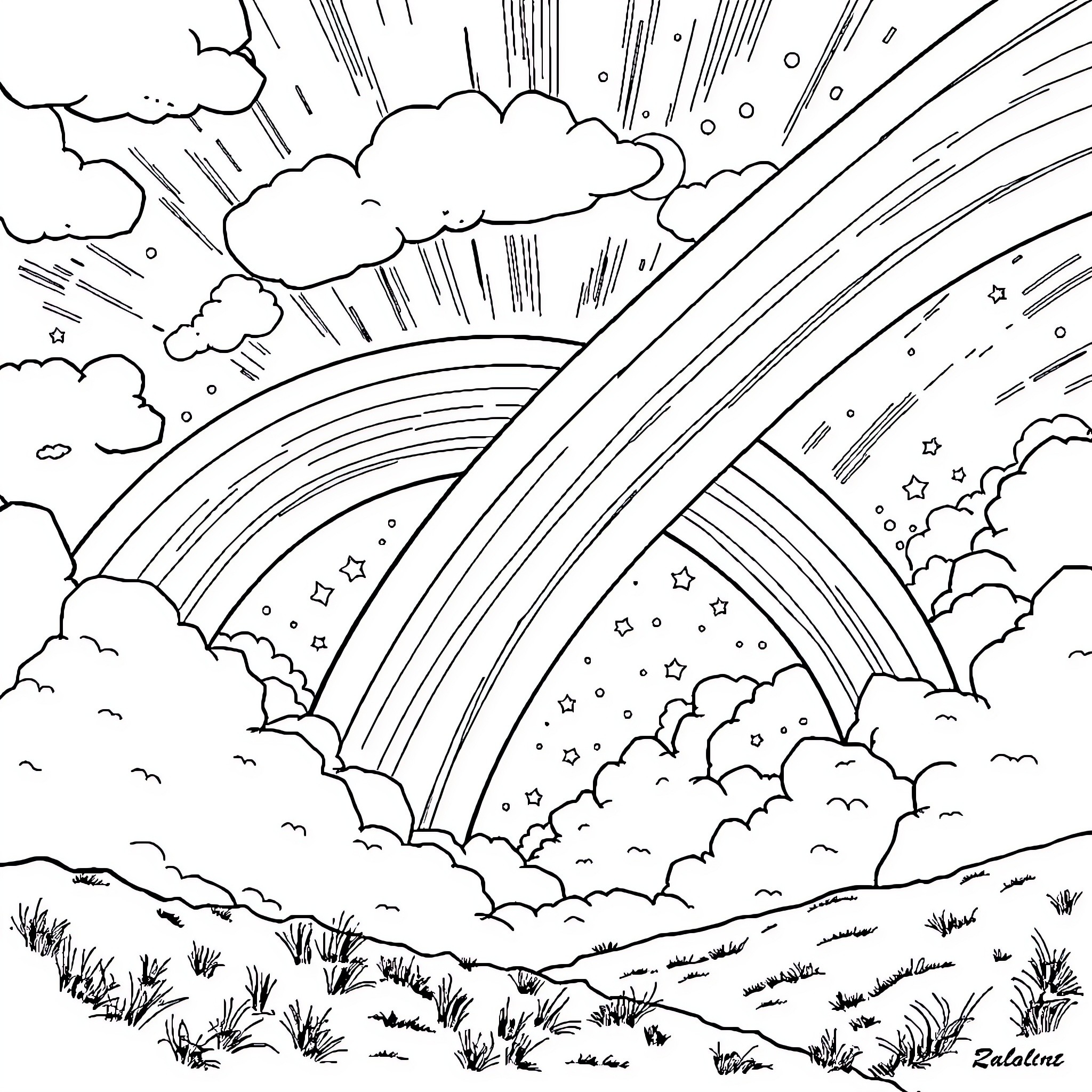 Rainbow Sky and Clouds Magical Landscape Coloring Page (free black-and-white line drawing printable PDF for all, from beginners to advanced learners, including children, teens, adults, and seniors)