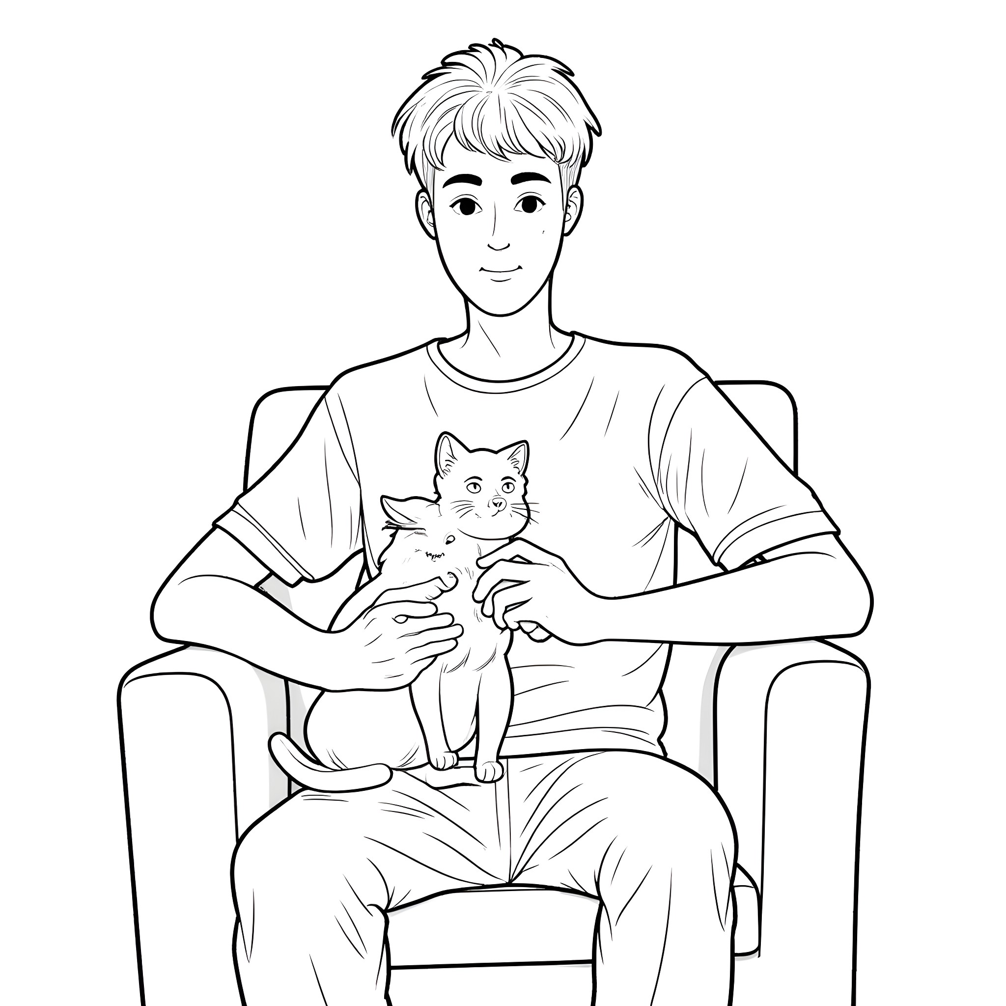 Man holding a cat on a chair Coloring Page (free black-and-white line drawing printable PDF for all, from beginners to advanced learners, including children, teens, adults, and seniors)