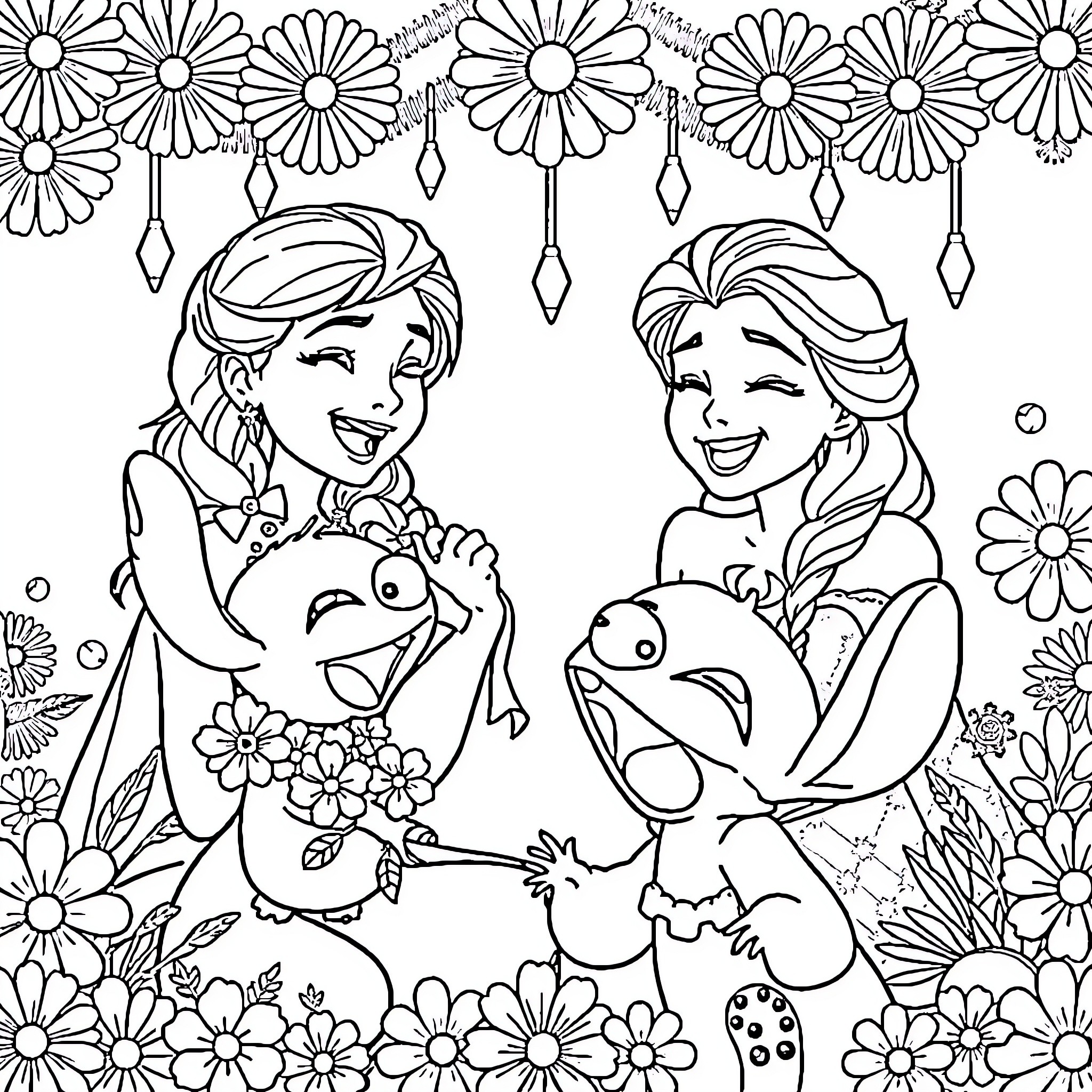 Ana and Elsa playing with cute creatures in a flower garden Coloring Page (free black-and-white line drawing printable PDF for all, from beginners to advanced learners, including children, teens, adults, and seniors)