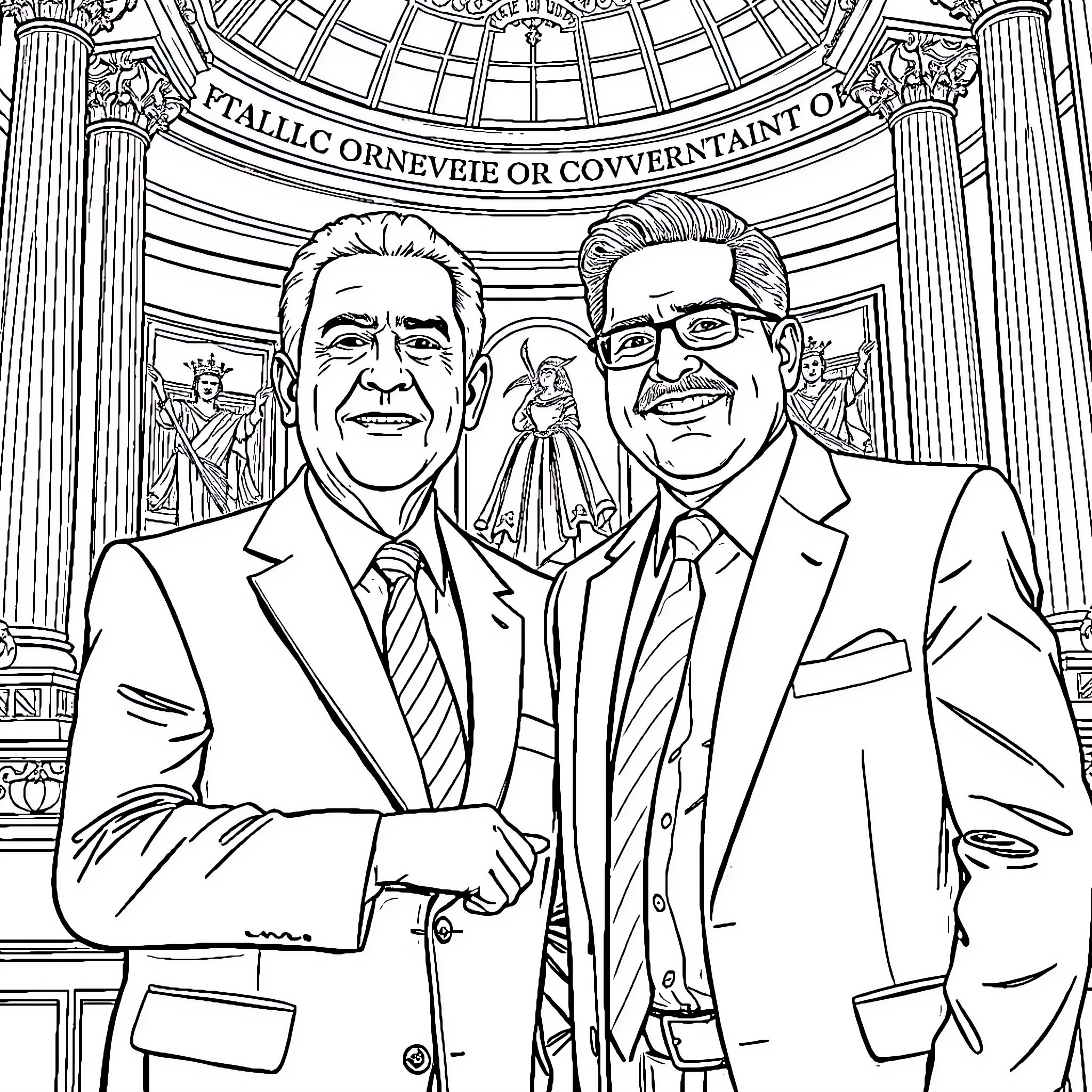 Lula's Formal Portrait with Colleague Coloring Page (free black-and-white line drawing printable PDF for all, from beginners to advanced learners, including children, teens, adults, and seniors)