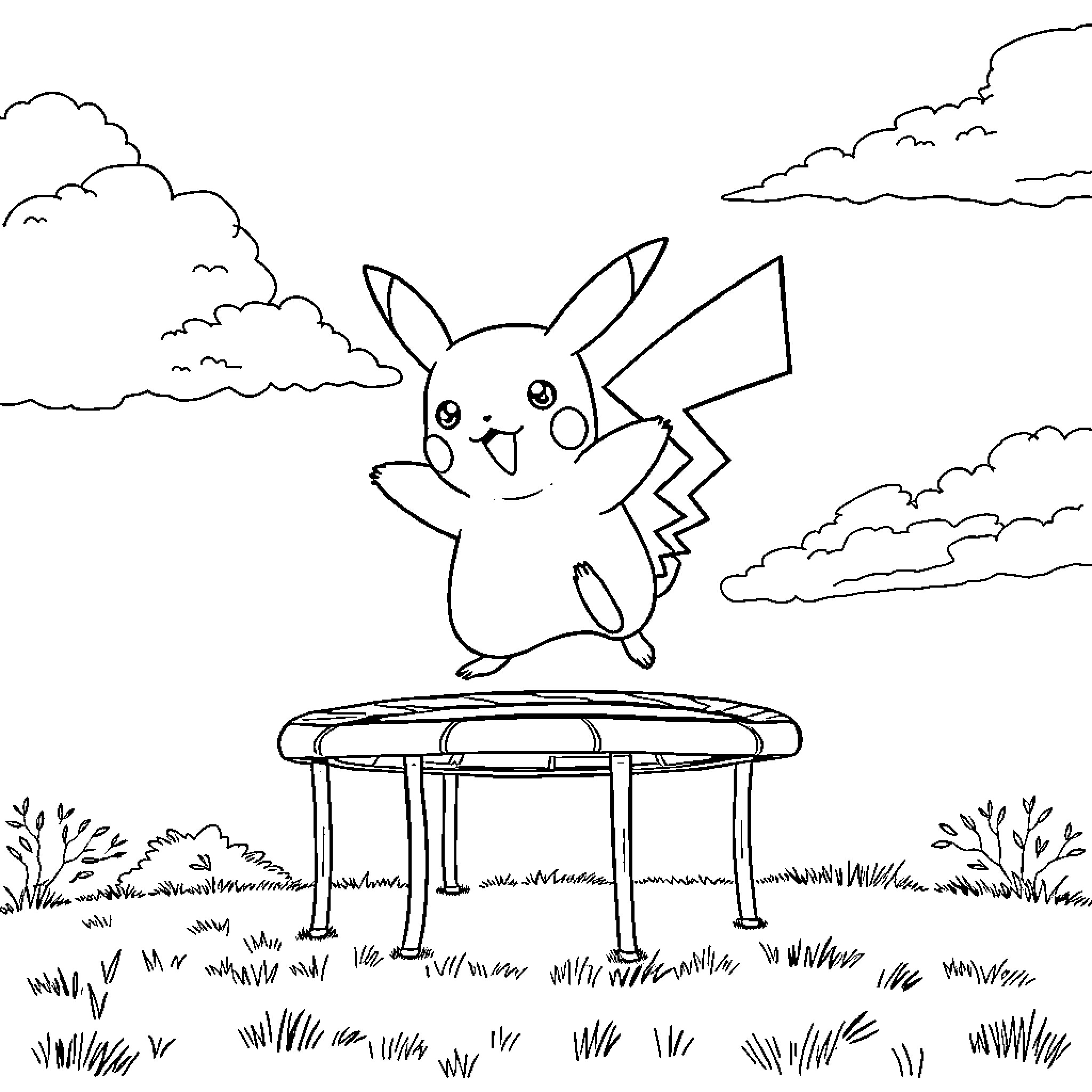 Pikachu Bouncing on Trampoline in Nature Coloring Page (free black-and-white line drawing printable PDF for all, from beginners to advanced learners, including children, teens, adults, and seniors)
