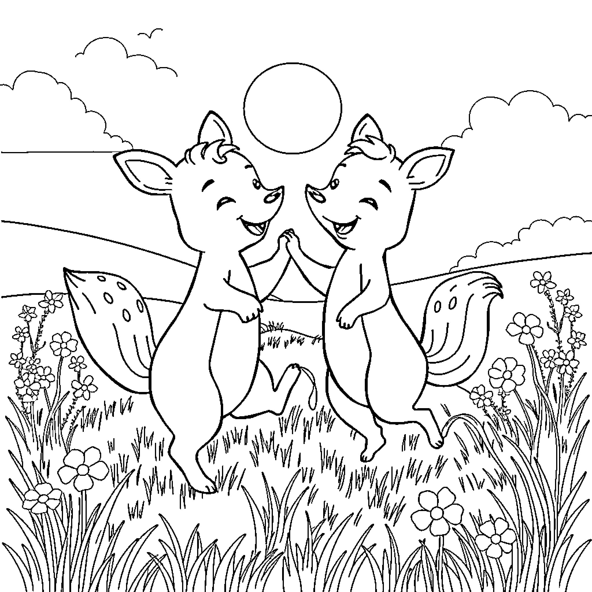 Animal Deer happily playing in the meadow Coloring Page (free black-and-white line drawing printable PDF for all, from beginners to advanced learners, including children, teens, adults, and seniors)