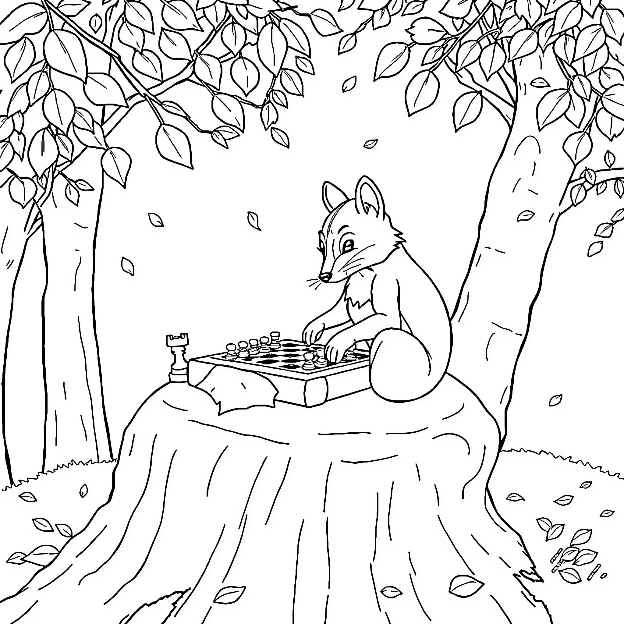 Fox playing chess in the autumn forest Coloring Page (free black-and-white line drawing printable PDF for all, from beginners to advanced learners, including children, teens, adults, and seniors)