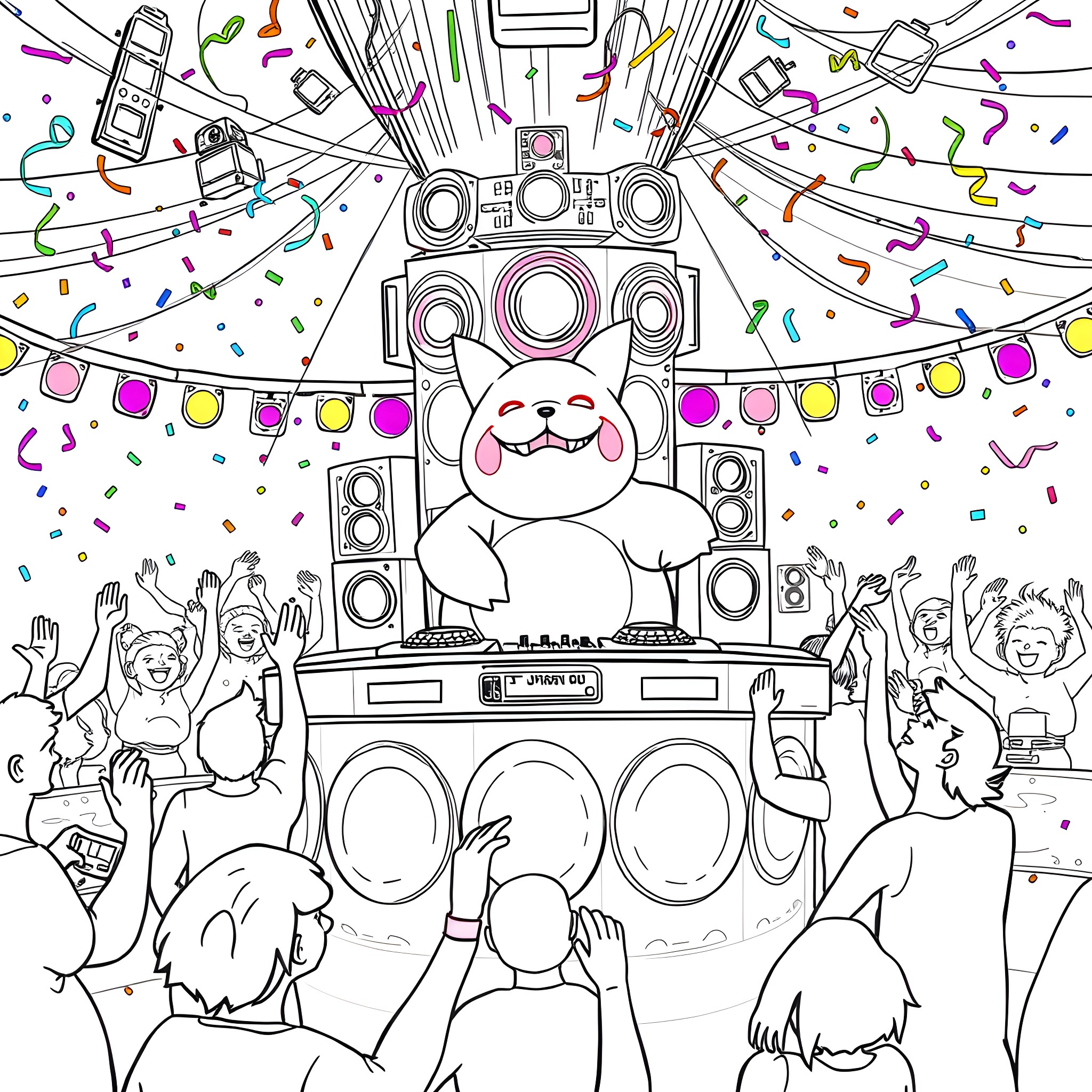 Snorlax rocking out at a lively party Coloring Page (free black-and-white line drawing printable PDF for all, from beginners to advanced learners, including children, teens, adults, and seniors)